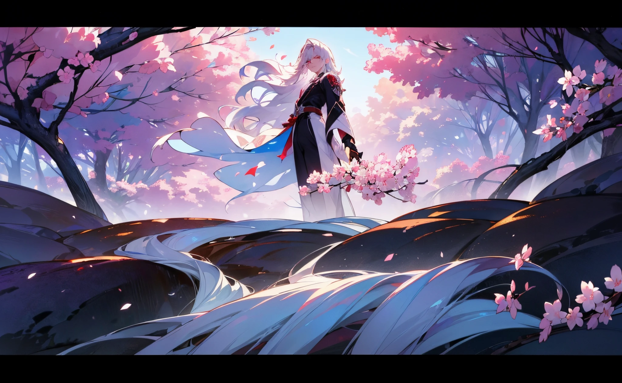 Anime - stylistic image of a man with long white hair and four eyes on his face, A man with white long hair stands half-turned and looks at the camera, ((tmasterpiece)), ((beste-Qualit, hight resolution, ultradetailed), bright colours, ((((1 male)))), Male character, grown up, tall muscular guy, wide shoulders, Strong Character, Fantasy, dnd, person, red-eyes, albino, ((4 eyes)), 2 Pairs of eyes, The Albino Man, Pure White Long Hair, White long hair (hair above one eye), (big hair), white colored hair, slick hair, straight hair, Creating an atmospheric atmosphere, pale skin, macabre, Gloomy design, Has red smoke and aura, eldritch, Creepy, nightmarish, light around the head, Additional lighting, Against the background of the sky, Beautiful and harmonious scene, Exquisite animation, Rich Details (width 672), hiquality, Четкость 4K, 4K Art Wallpaper, Stunning Anime Landscape, 8K Artistic Wallpaper, Anime - style of a beautiful sky scene with a star and planet, cosmic sky. makoto sinkai, Anime Art Wallpapers 4K, in a white kimono, looks at the viewer, canny smile, smirk, muscular back, Men's Back, white-haired god, White silk garment, Gold Pattern, BREAK, sakura flowers around, Sakura, sakura and lilac, cherry blossom petals