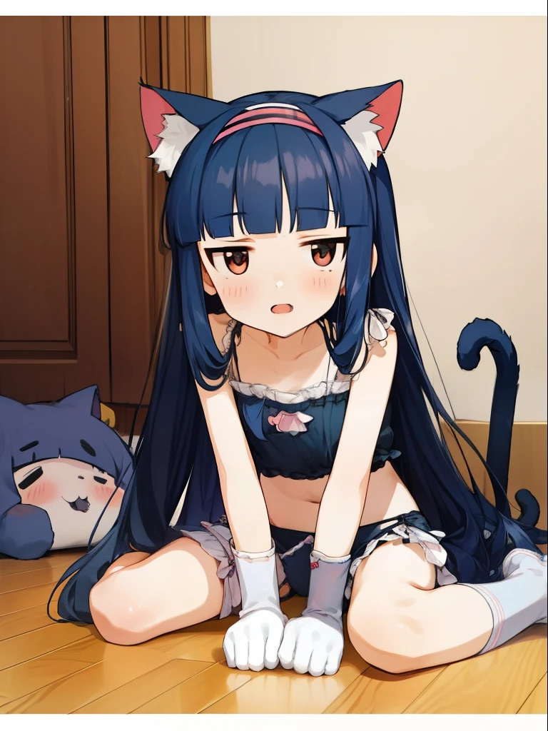 yukimi, ., long hair, blunt bangs, flat chest, expressionless, shy, cat lingerie, cuout, sitting wariza, on floor, paw pose, cat head band, cat tail, (from avobe), best quality, cat arm, cat boots, open mouth,