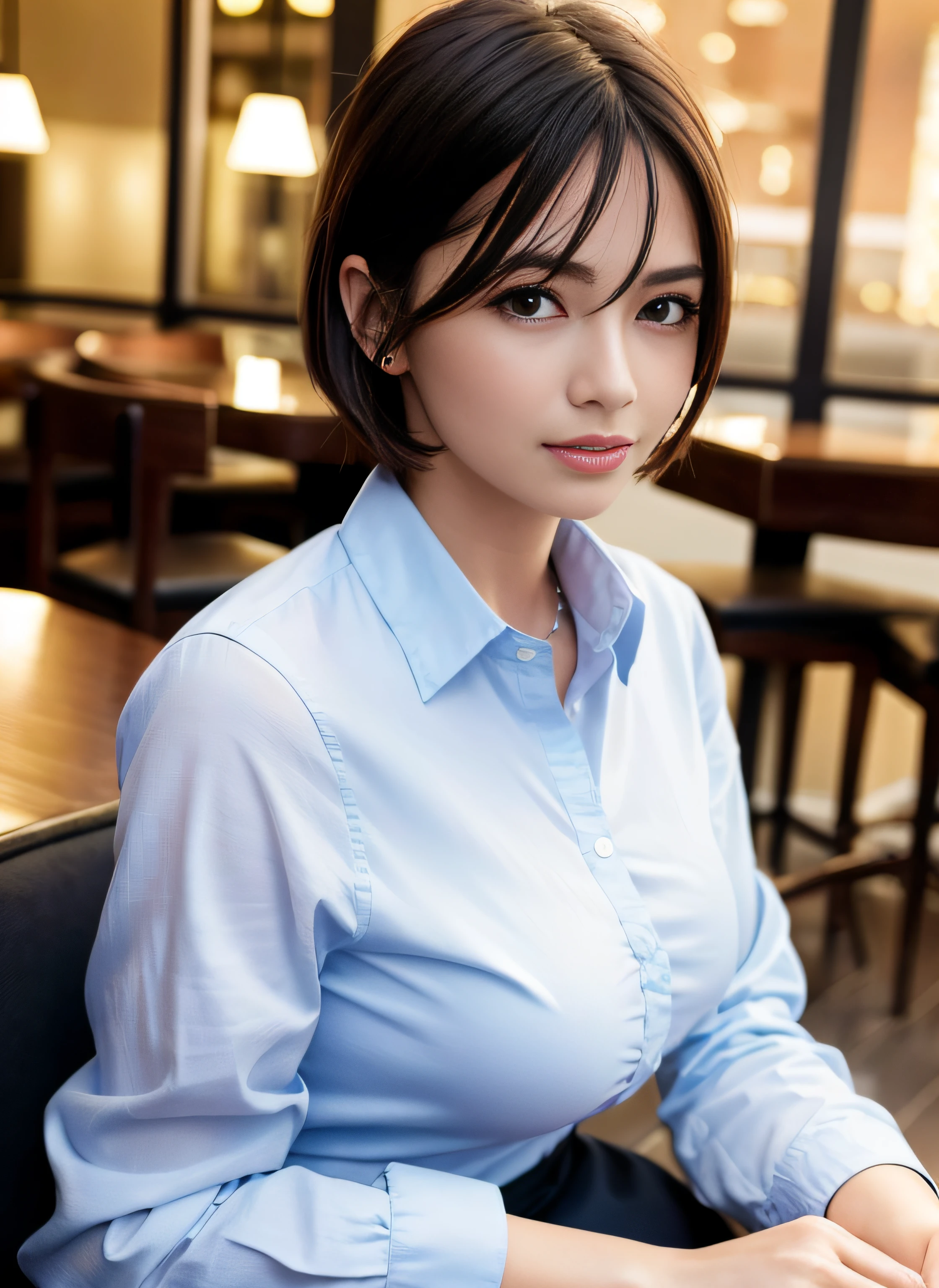 (8k, Best Quality, Masterpiece: 1.2), (Realistic, Photorealistic: 1.37), Super Detailed, 1 Girl, Cute, Alone, Beautiful Detailed Sky, Detailed Cafe, Night, Sitting, Date, ( Nose blush), (smile: 1.15), (close mouth) small breasts, beautiful details, (collared shirt: 1.1), night, wet, business wear, rain, white lace, (short hair: 1.2), floating Hair NovaFrogStyle,, Samantha