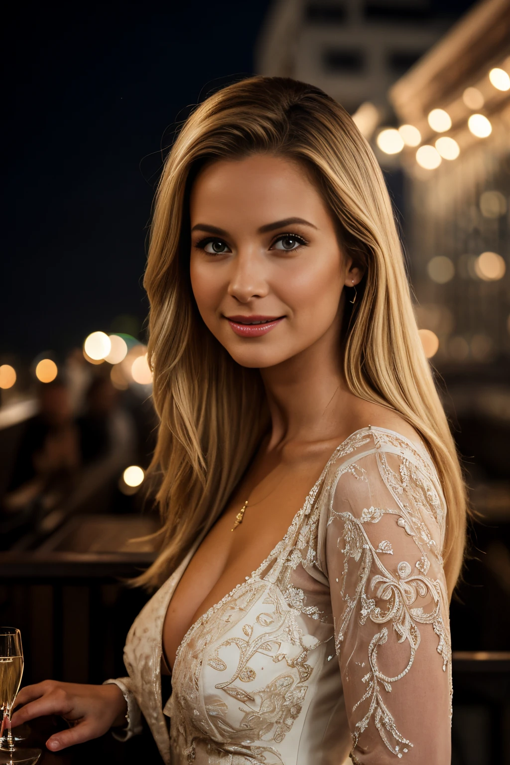 (Masterpiece), (extremely intricate:1.3),, (Realstic), Portrait of a European citizen of 25 years,magnifique blonde, Outdoor night light, on an open-air bar on the roof of a building in a city drinking a glass of champagne, Veilleuses, professional photograph of a stunning woman detailed, mise au point nette,, dramatique, award winning, lighting cinematic, Rendu octane, Moteur Unreal, volumetrics dtx, (grain du film, Bokeh, premier plan flou, blured background), very well dressed, Sourire subtil, flirts with the camera