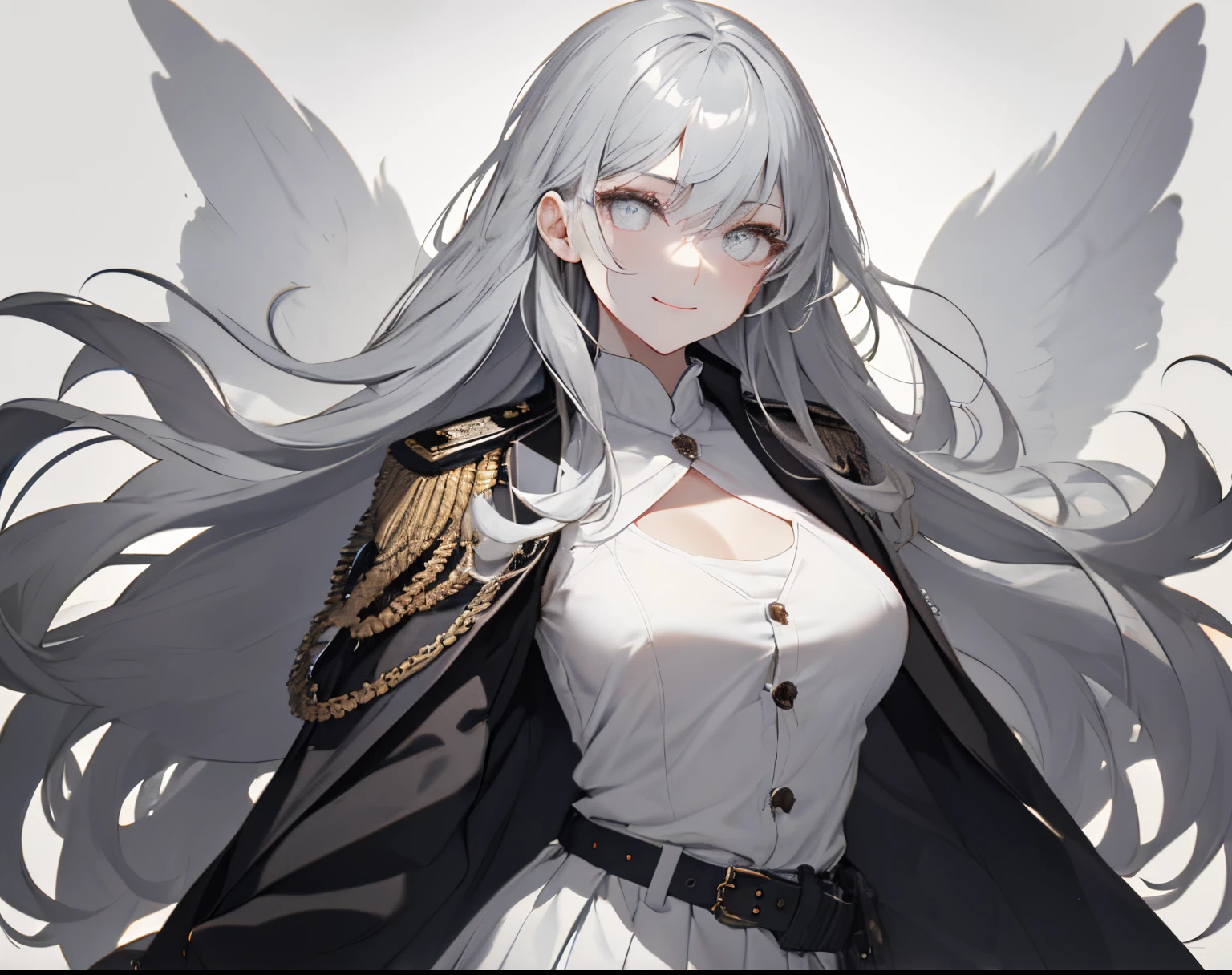 【Highest Quality, masutepiece】 [girl, Manteau, expressioness, pale gray eyes, front facing, pale gray hair, Upper body] (Gray white background:1.7), Full body、White one-piece military uniform、 Pale white head of hair,(masutepiece:1.2, Best Quality), (finely detailed beautiful eye: 1.2), (beautifull detailed face), High contrast, (Best Illumination, extremely delicate and beautiful), ((Cinematic Light)), Colorful, Hyper Detail, Dramatic light, Intricate details, Shining eyes, long hair flowing with the wind、large full breasts、Belt under boobs、White military uniform, White skirt, pale gray hair, Belt under the chest, gotik、A smile