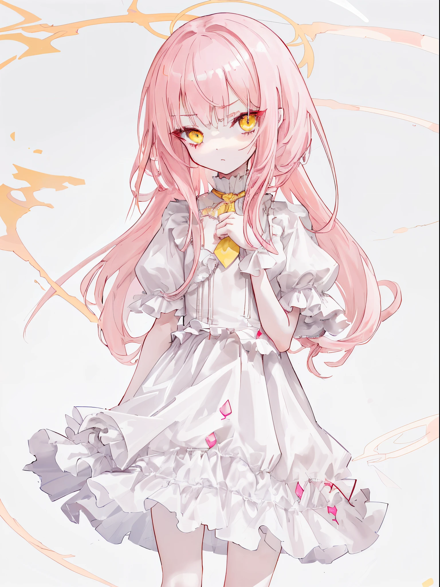1girl, long pink hair, yellow eyes, slim body, loli short height, small chest size, wearing white dress, absurdres, high res, ultrasharp, 8K, masterpiece, looking at viewer