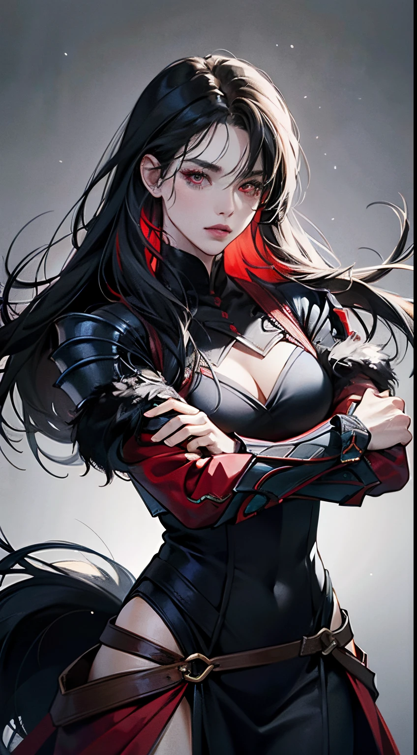 hiquality、high-level image quality、Real Tick、Delicately expresses realistic smooth skin texture down to the smallest detail、Expressing realistic muscle texture、 Sharp eyes、Red Eyes、Red Eyeliner、Blue highlights on black hair、messy long hair、Wild Lady、Wearing jet black fur armor、Combat stance、black and blue gradient background、Characters inspired by beasts、Image Color:A black