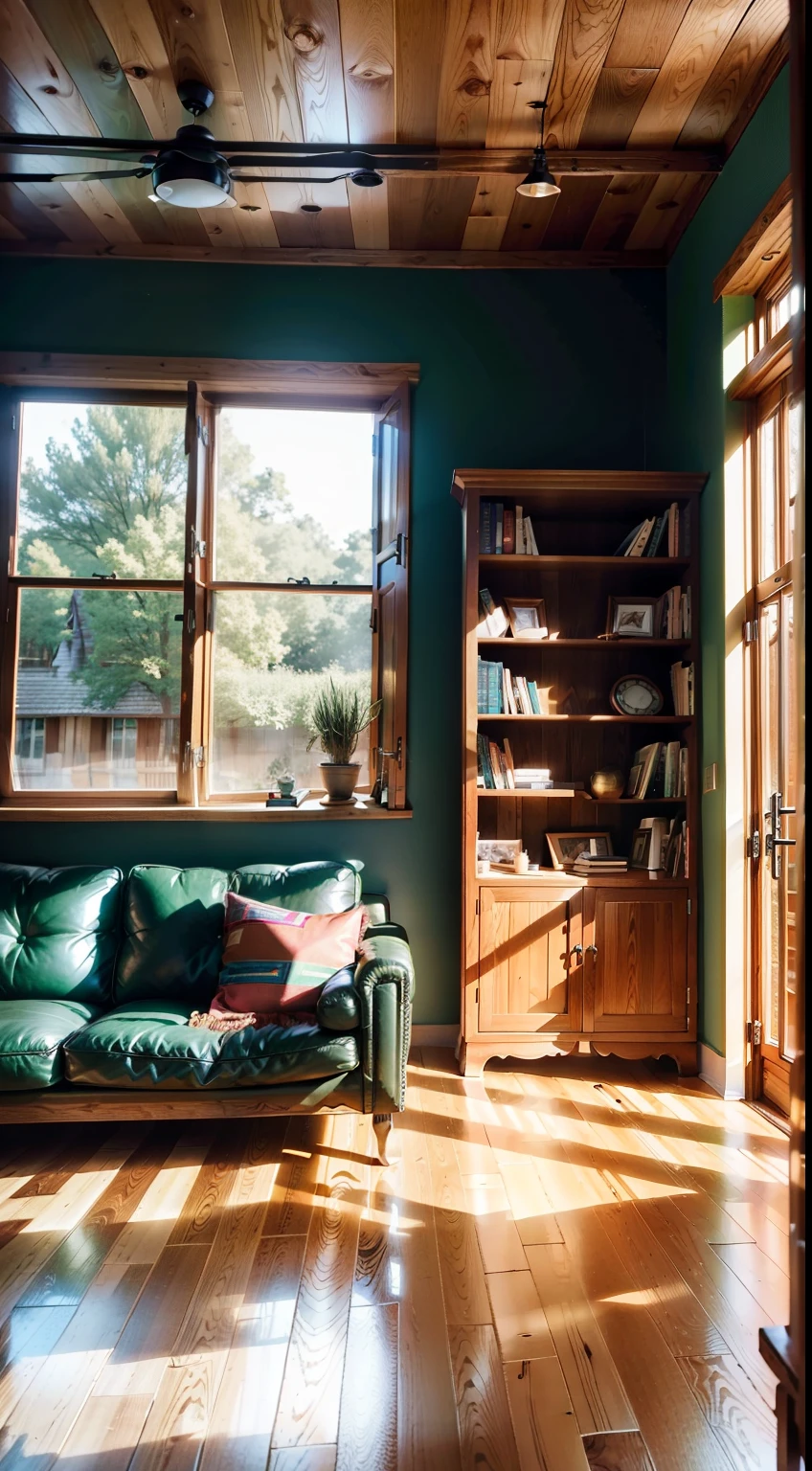 room with big windows, built in wooden shelving with colorful books, green leather and oak modern couch and solid oak flooring 45mm original editorial photo