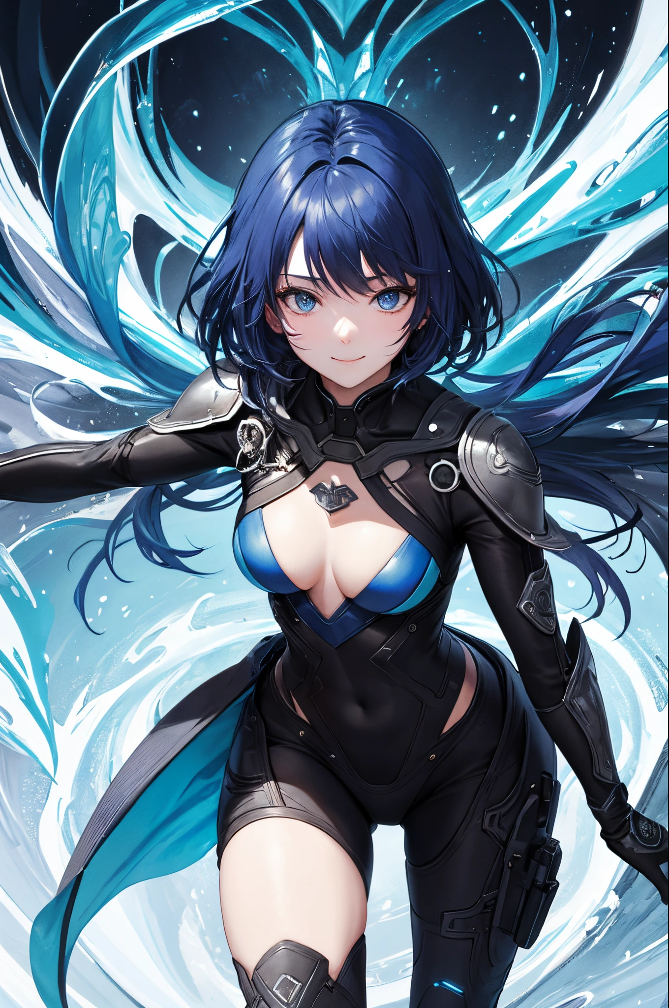 top-quality、Top image quality、masterpiece、超A high resolution、android beautiful girl、, Cybersuit glowing black, The source of the red energy in the chest、Blue hair、short-haired,Blue eyes、A slender、Gentle smile、The face is depicted in detail、The eyes are drawn in great detail、The clothes are also depicted in detail、hiquality、Beautiful Art、Fantastic Universe、Elaborate design、More background、Fighting、soio、A warrior、animesque、illustratio、Full body front