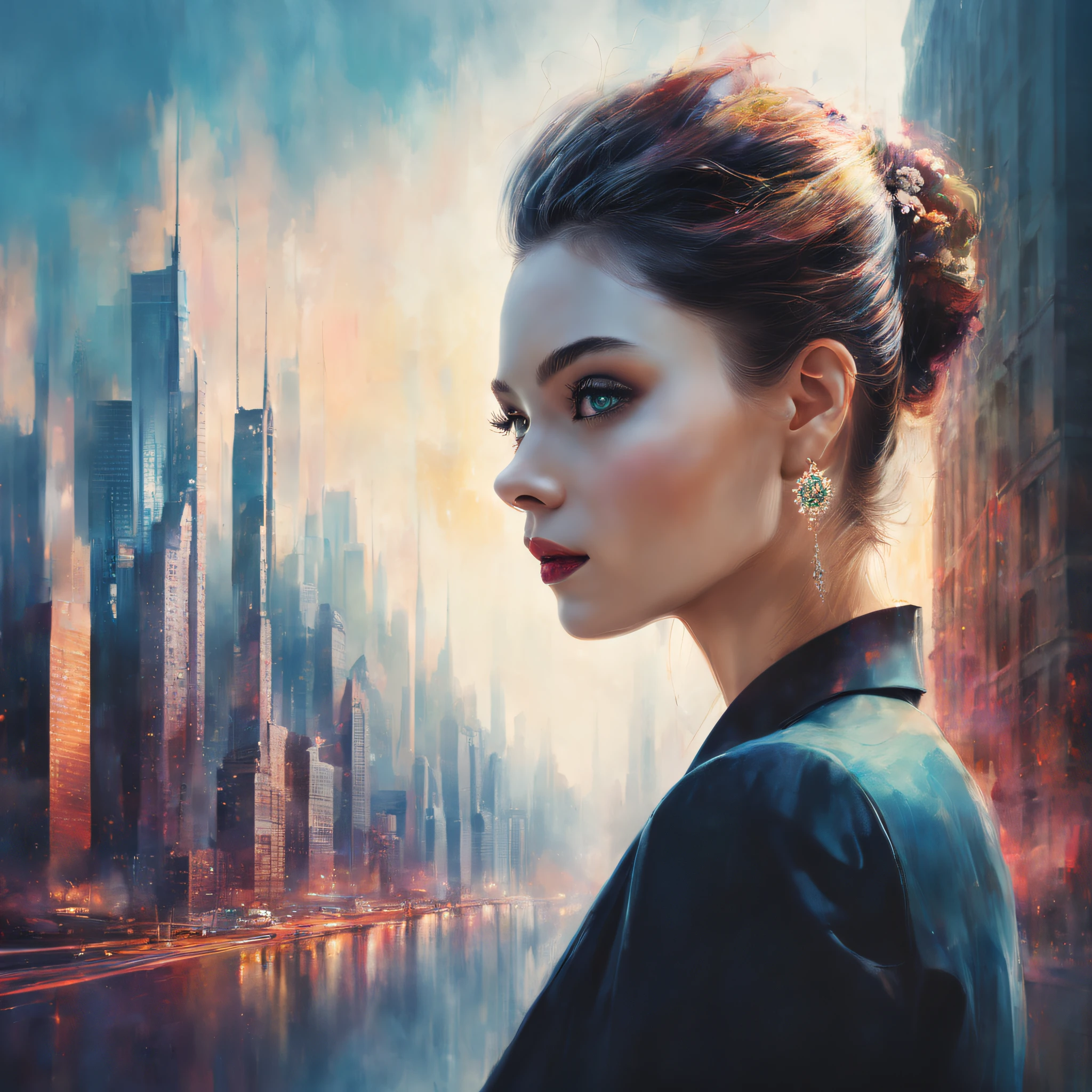 (best qualityer,4k,8k,Tall structures,tmasterpiece:1.2),Doubleexposure,beatiful detailed eyes,City silhouette,view over city,Vibrant colors,stunning art,mesmerizing mixed images,Stylish and sophisticated portrait,surreal atmosphere,Unique artistic composition,dreamy and ethereal,Contrasting elements,creative juxtaposition,captivating visuals,mystical aura,Modern artistic sense,Elegant and eye-catching,Vibrant cityscape,Poetic and thought-provoking,Skillfully blending reality and imagination