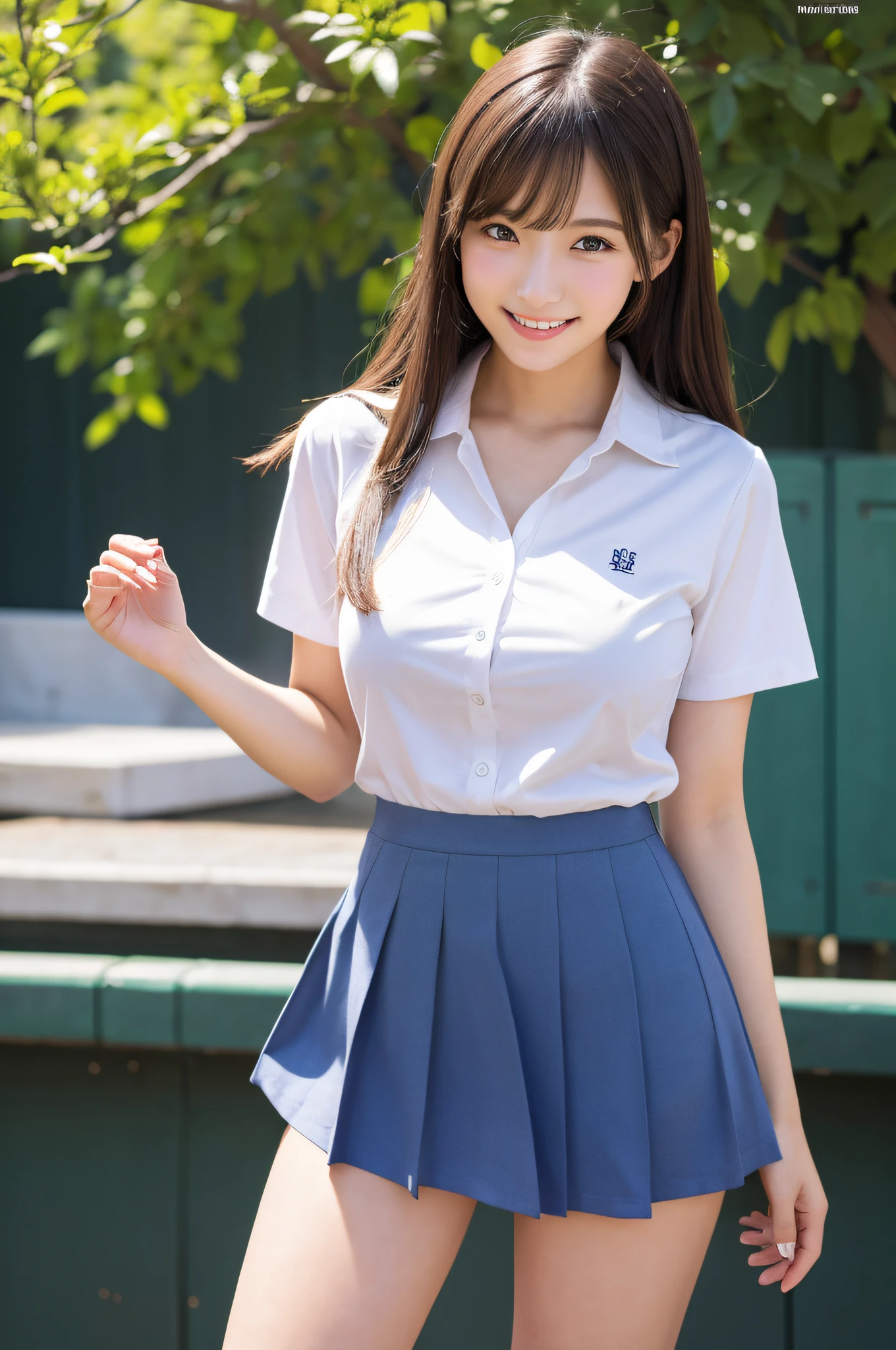 (Raw photo, 4K, masutepiece, High resolution, very intricate) (Realistic: 1.4), Schools、Baseball Club、High School Uniform、Hands on the chest、white  shirt、Colossal tits、a miniskirt、lift up one's skirt、String panties、tits out、A smile、I can see my panties、Opening legs、Open your legs wide