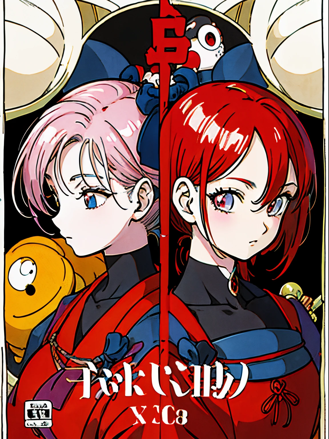Cover showing the title in Japanese, personagem de corpo inteiro, rosto feliz, vermelho escuro , destreza, alta qualidade, eye correction. Manga-style cover.