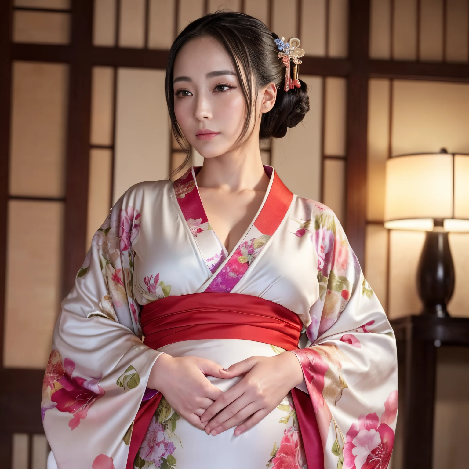 ((Best Quality, masutepiece, 超A high resolution、The most complex and detailed depictions、发光、Highly saturated、bright and highly saturated、vivid))、1人の女性、wearing a luxurious kimono、(((mournful、is crying、sad Facial expression、saddened、Looks like you're about to cry)))、(Japanese-style elegant kimono、Elegant standing figure、standing elegantly)、Elegant kimono、Photographing from the waist up、(((Staring at me、Perfect camera gaze、look at me perfectly)))、A detailed face、perfect glossy lips、perfect anatomia、Elegantly styled hair、She is wearing an elegant hairpin.、natural make up、A detailed face、face perfect、Beautiful fair skin、perfect shiny skin and hair、The background is an elegant Japanese room、Lush hairline、large full breasts、Fluffy kimono、The chest is open、No bra、Exposed thighs、Bold thighs、Pregnancy