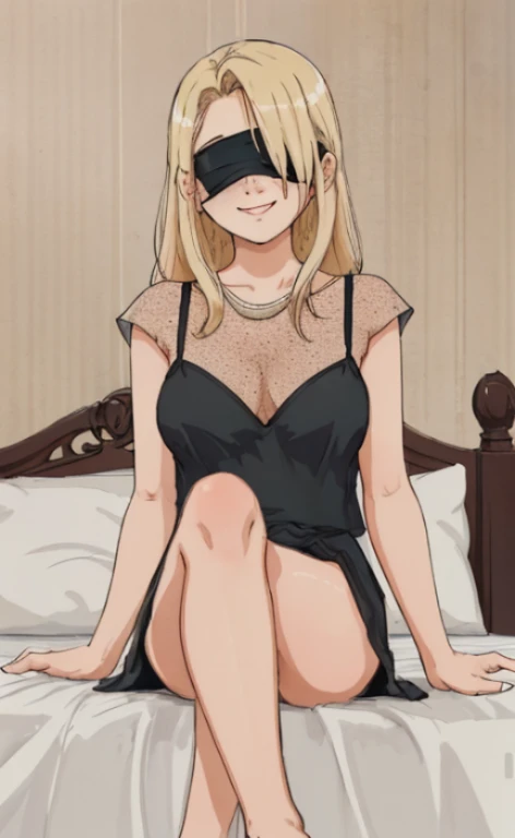 portrait of a 23 years old blonde woman wearing a black sleepmask as a blindfold and a black spaghetti top, calm smile, freckles, sitting barefoot legs crossed in a bed.