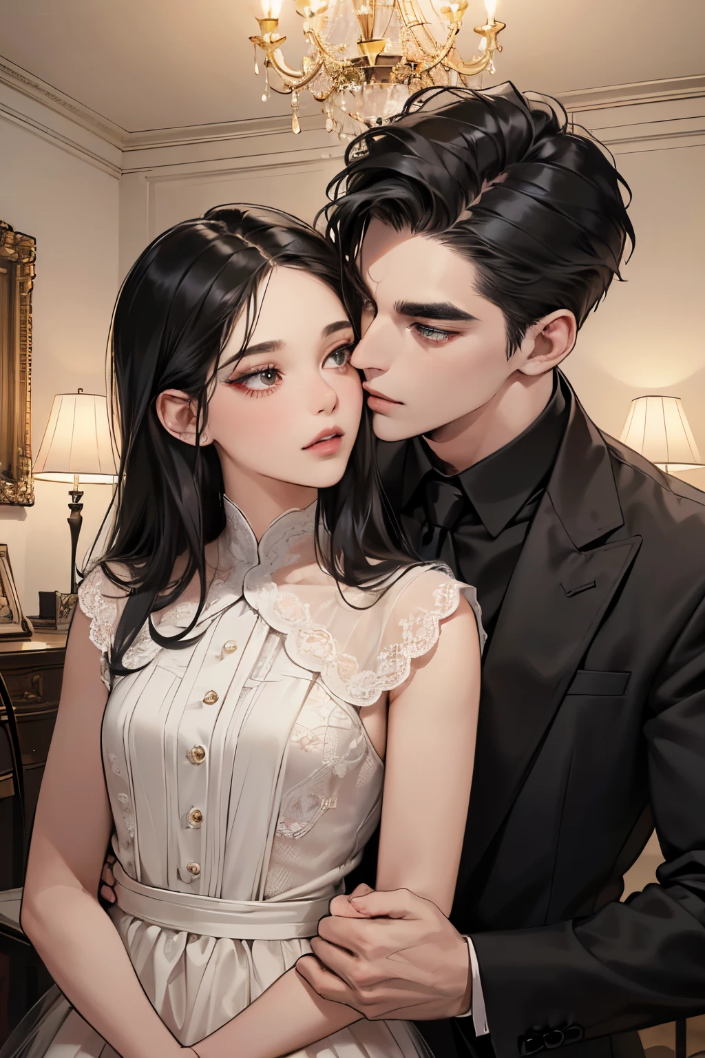 (masutepiece, Digital Art, Digital Illustration, 4K, 8K, Ultra-detailed, beautiful image, Sharp Image, Photorealistic, Raw photo, Perfect face, Perfect lines, Perfect eyes, Soft lighting) 1 woman, (Long Black Hair,straight haired,Bullish gaze,Beautie,Woman in suit,Solid makeup,23 y-o woman,small tits:1.3),Secretary, Two handsome men in suits, (ember,Men in suits,well-muscled,Firm shoulder width,Adult male,Boyish hairstyle,English gentlemanly style,Man in his 30s with a cool expression,28-year-old man with bright smile:1.2),Office scene at night,Antique furnishings,Antique Clamps,Antique chair,chandeliers,Parti、a couple、couple kissing、kiss、the kiss、Romance、Kissing