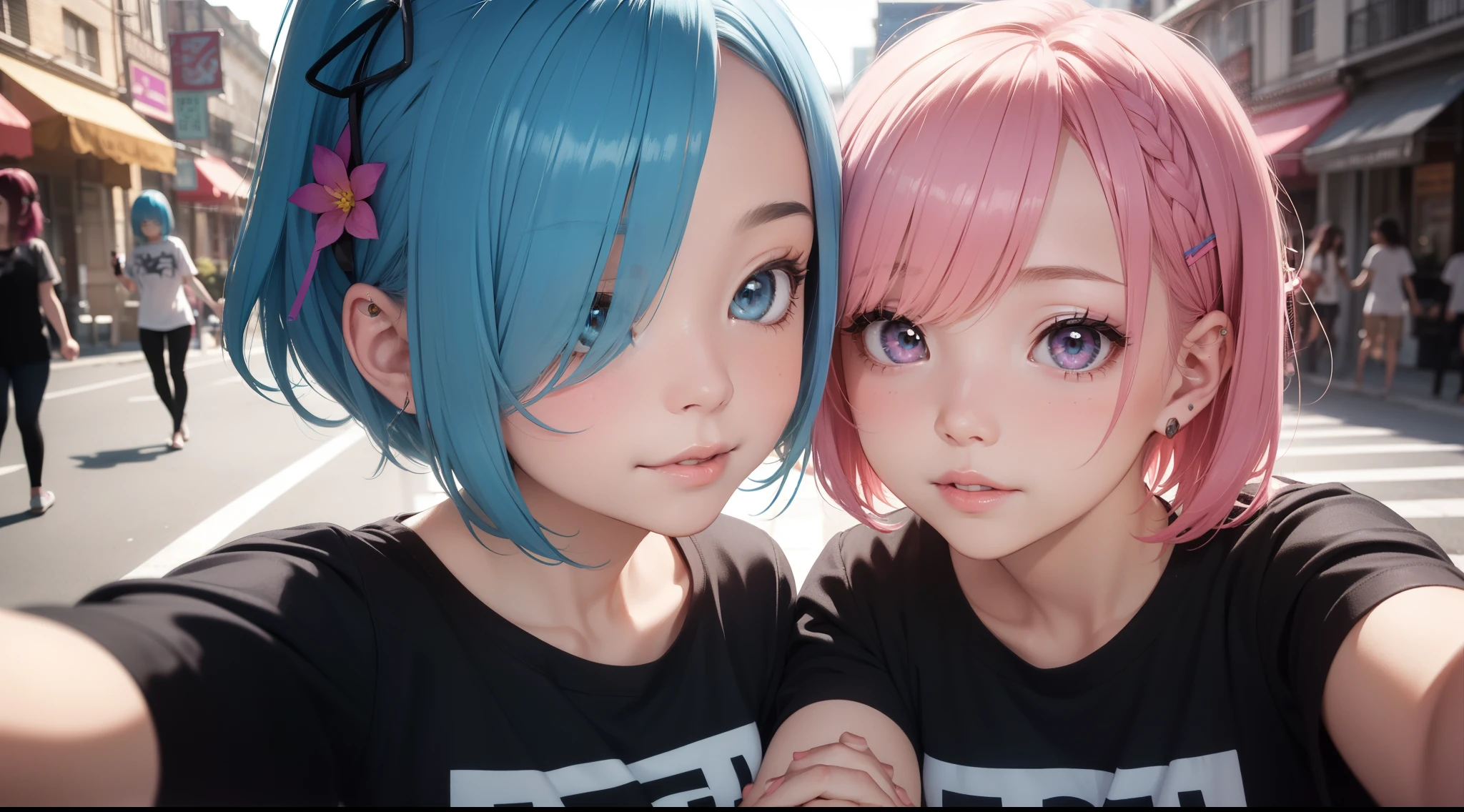 masterpiece, (2girls:1.5), couple, (kissing:1.5), (ram \(re:zero\), pink hair, hair tie), (remrin:1), ramchi, (short hair:1.5), (hair over one eye:1.1), (rem_re_zero, light blue hair, hair tie), (wearing t-shirts:1.4), (honeymoon:1.3), boobs, (holding hands:1.25), (closed eyes:0.3), happy face expression, (shy face:1.2), (detailed body, detailed hands, detailed faces:1.25), (selfie:1.5), street background