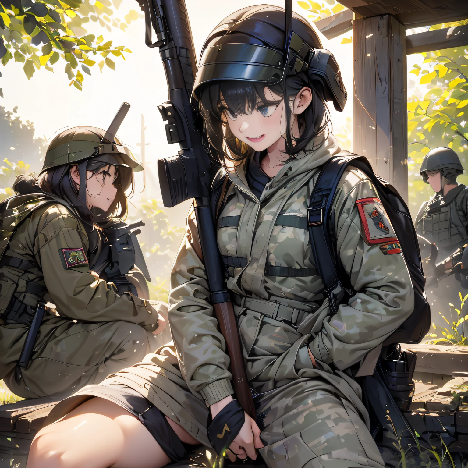 (long shot, looking away, shift character off center, draw the face precisely, cinematic perspective), (A female army infantry), (((wearing camouflage combat army uniform))), ((carrying a camouflage backpack)), ((excitement)), ((shy smile, open her mouth)), hiding a trench, (bullets fly), open her knees, (((she straddles her rifle and presses her crotch for masturbate))), Pubic hair sticks out of panties,  (in combat), (battlefield), army helmet,