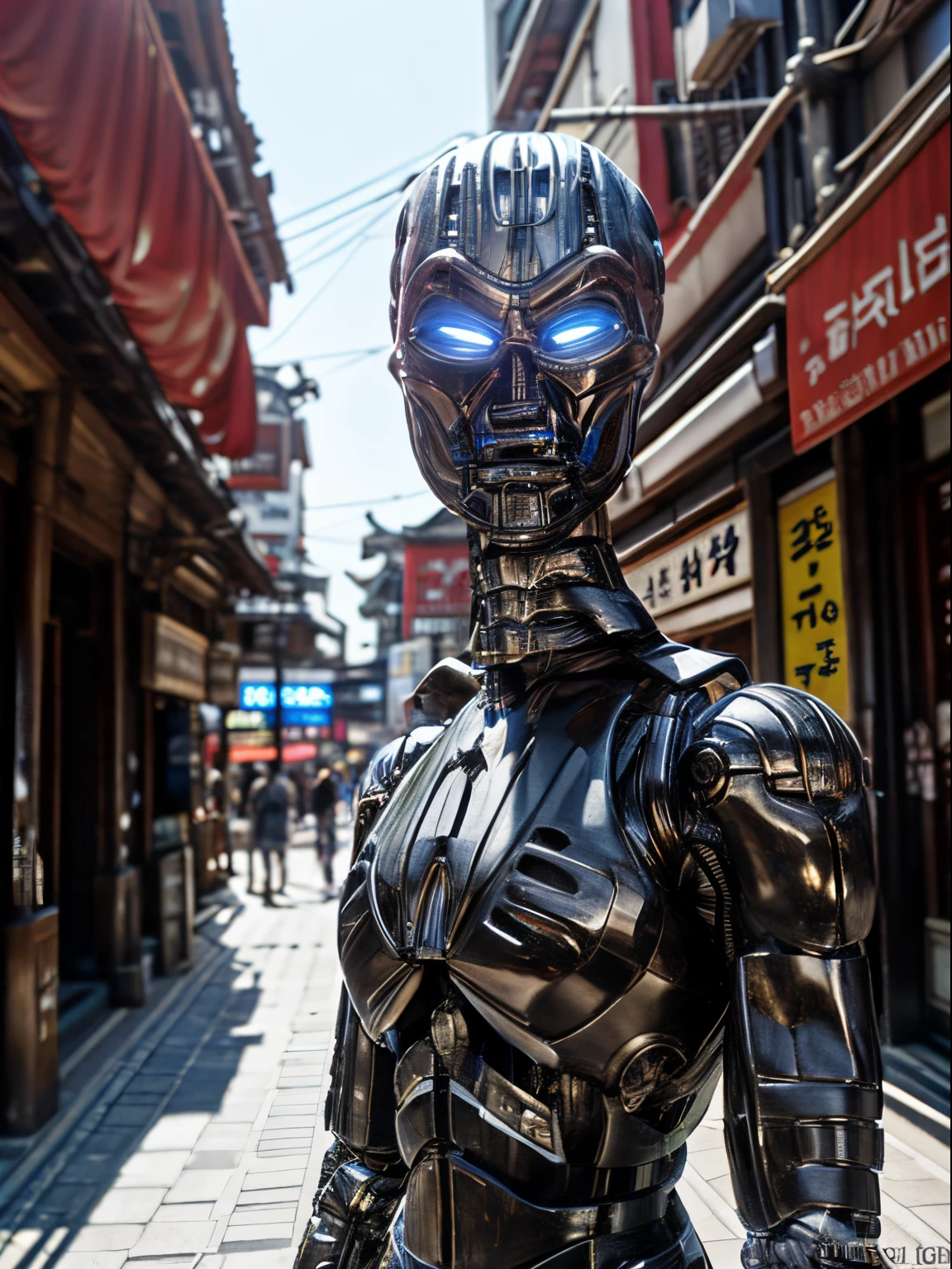 TX endoskeleton standing in seoul street, ultra realistic, very high quality, daytime, cinematic, (T-X Endoskeleton:1.2), detailed T-X, ultrarealistic T-X, photorealistic, deep focus, very detailed, detailed environment, sharp details, ultra HD, 8K