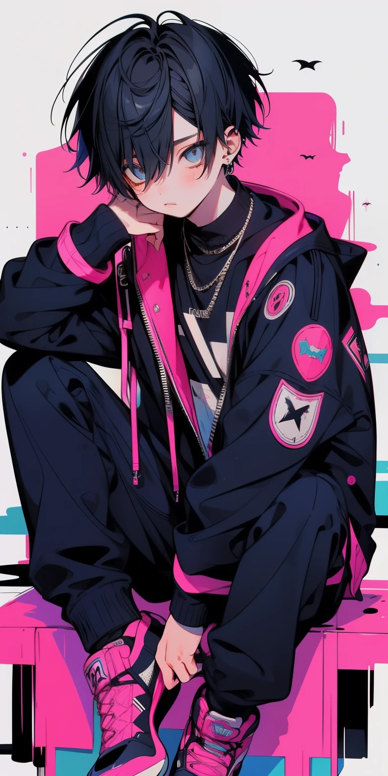 1 boy, (blue) hair, pink black jacket, sit pose