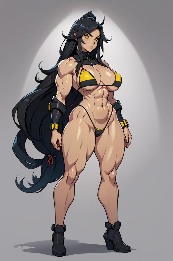 micro bikini, 1 girl, solo, grey background, black hair, yellow eyes, extremely long hair, full body, standing, huge breasts, thick thighs, thin waist, ((extremely muscular))