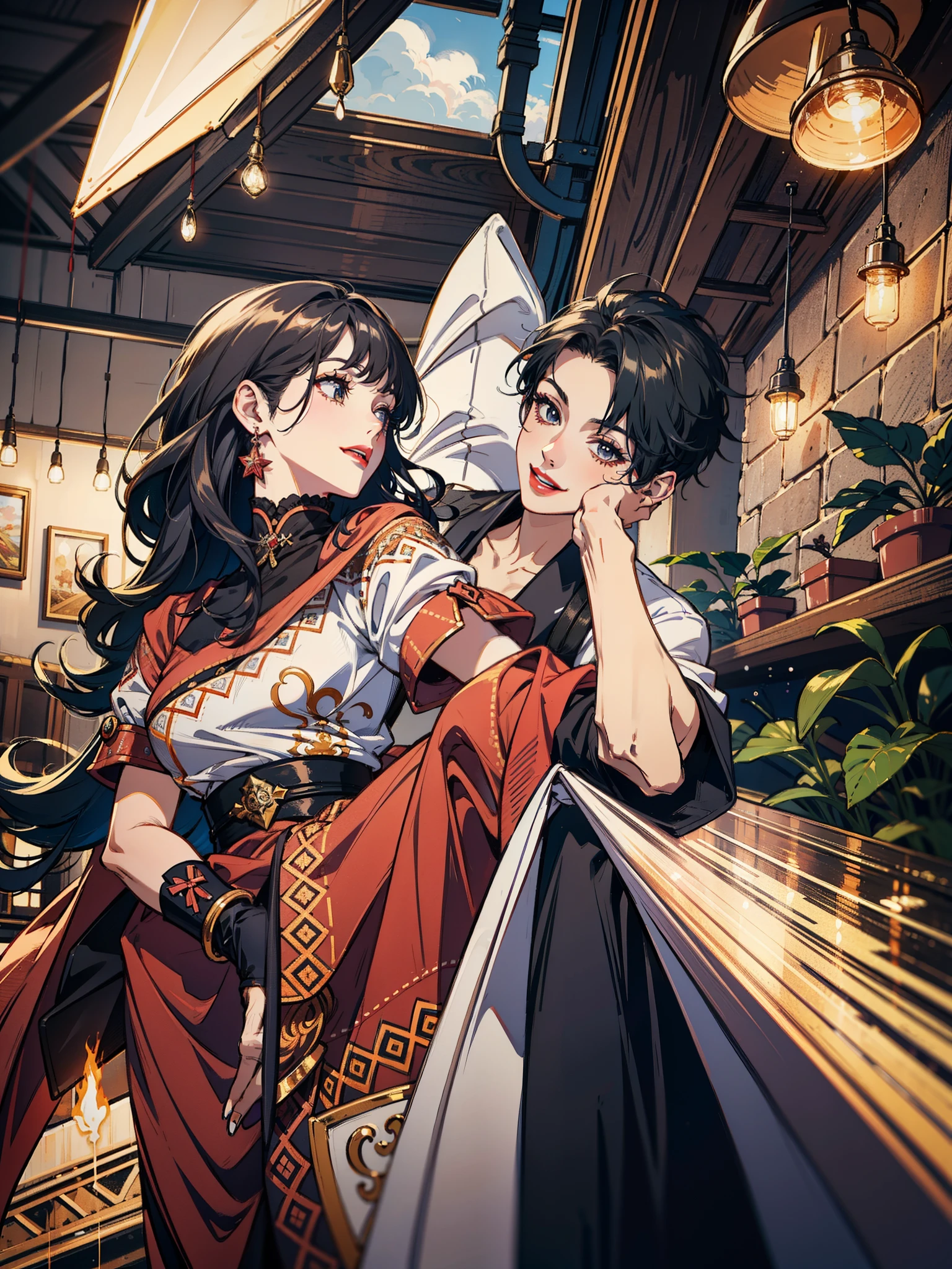 (masterpiece),(best quality:1.0), (ultra highres:1.0), detailed illustration, 8k, anime, Genshin Impact, 1girl, beautiful girl, Girl has Electro Vision, intricate details, black eyes, detailed eyes, black hair, detailed hair detailed, highlights on hair, smile, red lipstick, red lips, detailed lips, 1 boy, young boy, Boy has Pyro Vison, stylish hair, anime style, best quality, detailed, both smiling