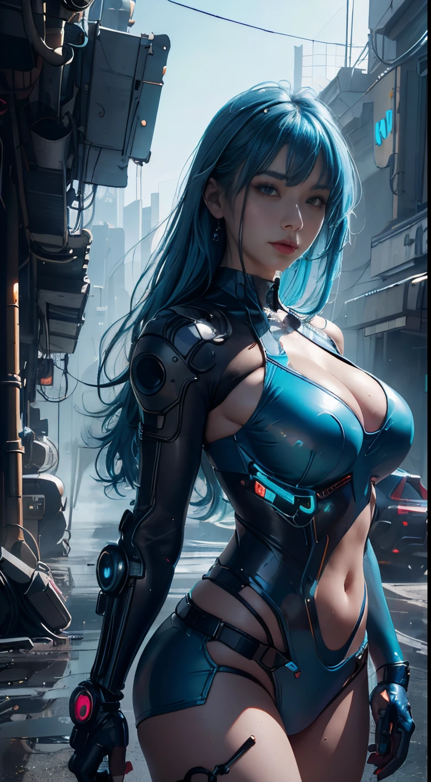 bikini of ,Girl in a swimsuit,dress up sexy,future techwear,Mechanical prosthesis,Mechanical skeleton, natta, ruined cyberpunk city, Neon Billboard, Better image quality, Maximum clarity and clarity, Ultra-realistic realism, high detal, Affofualism,contrasts of light and shadow, cinmatic lighting, Ray traching, reflective light, denim lens, F/4.0 ,Big with blue hair,neon light , Retro-futuristic mechanic suit ,muscle woman ,Wings,hair illuminated by blue light neon,Featured big breasts,blue neon suit,Swin Suit , Bikini Big Tits