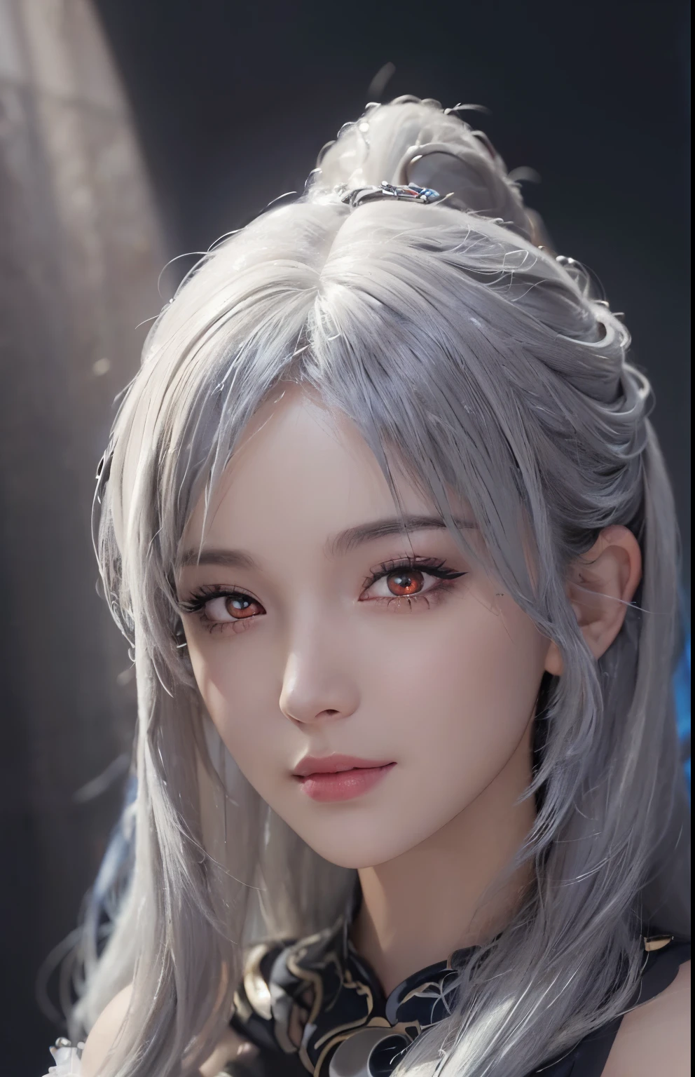 (Ultra Realistic), (Illustration), (Increased Resolution), (8K), (Extremely Detailed), (Best Illustration), (Beautiful and Detailed Eyes), (Best Quality), (Ultra Detailed), (Masterpiece ), ( wallpaper), (detailed face), solo, 1 girl, looking at viewer, fine details, detailed face, in the dark, deep shadows, low key, smiling, long hair, white hair, red eyes