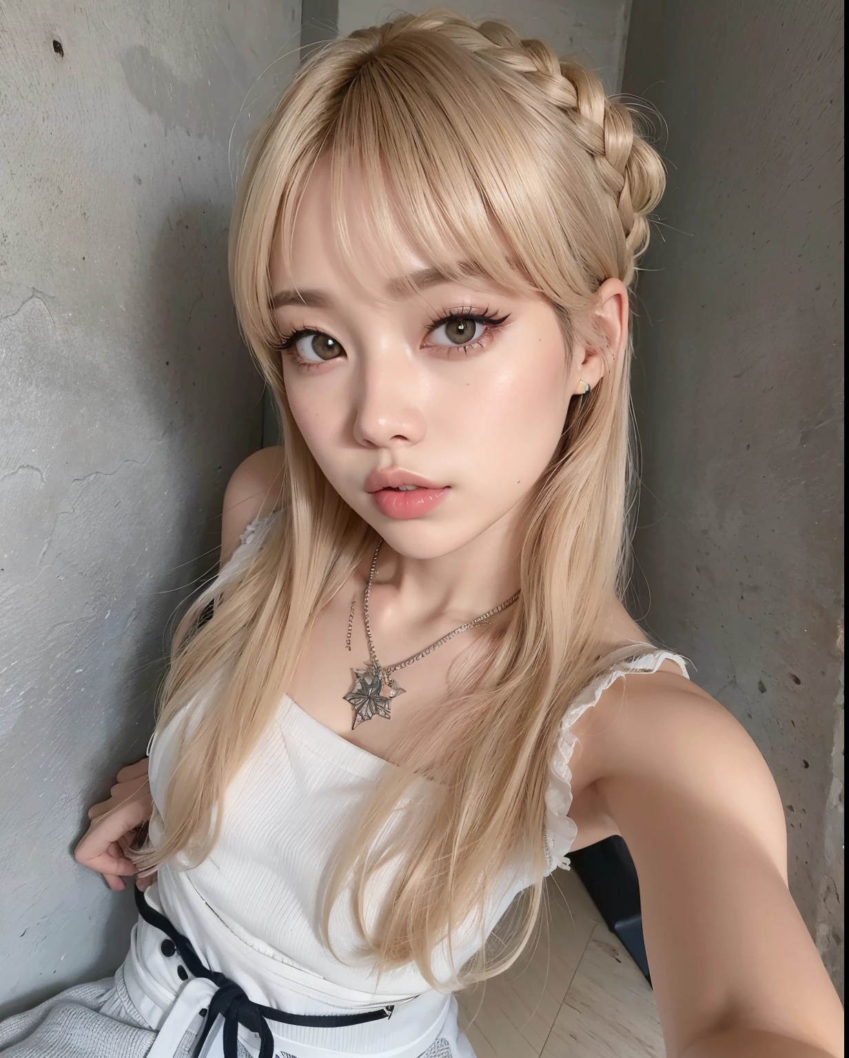 um close up de uma mulher com longos cabelos loiros usando um top branco, Lalisa Manobal, Lalisa Manoban do Blackpink, Parque Roseanne do Blackpink, com franja, Ulzzang, branco hime corte penteado, cabelos longos com franja, longos cabelos brancos e franja, com franja completa, franja central separada, Jinyoung Canela, cabelo arrumado com franja