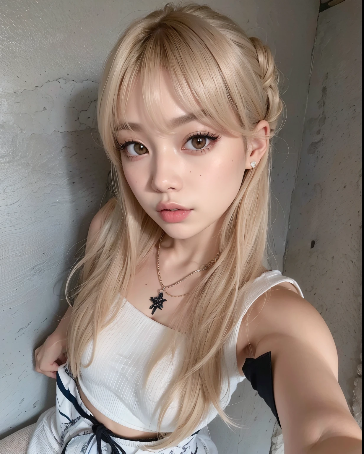 um close up de uma mulher com longos cabelos loiros usando um top branco, Lalisa Manobal, Lalisa Manoban do Blackpink, Parque Roseanne do Blackpink, com franja, Ulzzang, branco hime corte penteado, cabelos longos com franja, longos cabelos brancos e franja, com franja completa, franja central separada, Jinyoung Canela, cabelo arrumado com franja