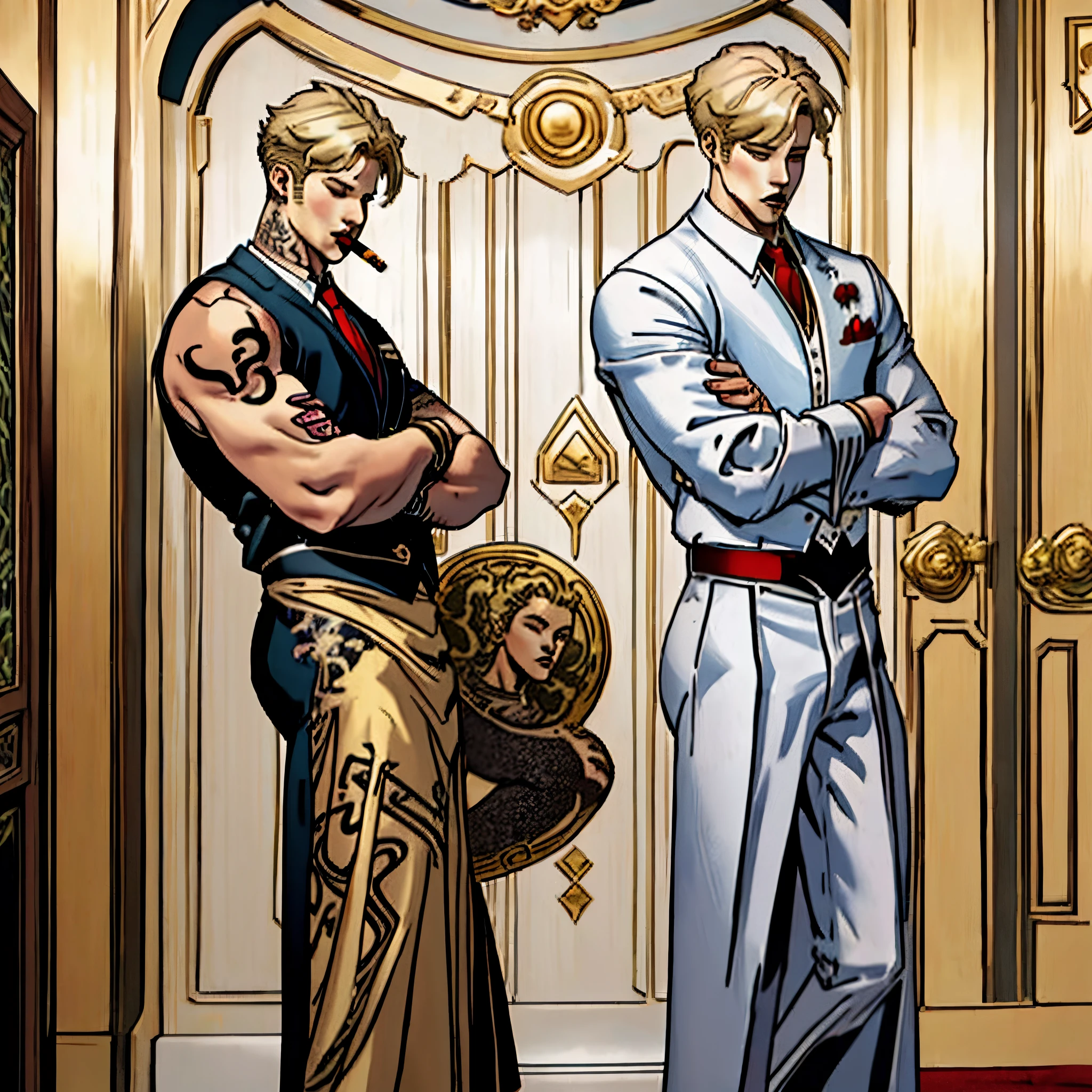 Blonde Park Jimin with tattoo on his arms, pele branca, smoking in a mansion in formal clothes