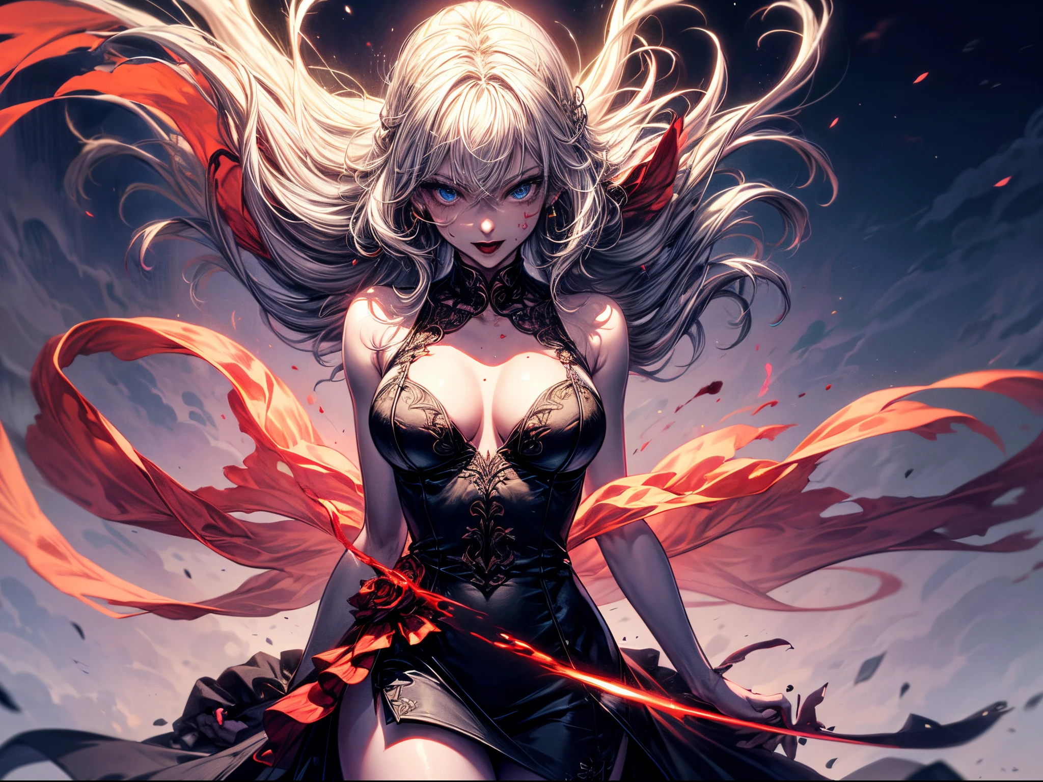 Fantasyart, The art of role-playing, photore, raw, (ultra - detailed: 1.5), hori'It's better to be more detailed, Photo of female vampire standing in the holy city. Peter in the Vatican, Exquisite and beautiful female vampire, Full body lesbian, (best detail face: 1.2), (gray colored skin: 1.2), Redlip, (vampire fangs 1:1) (Blood vessels are clearly visible: 1.3), Hyper-feminine, blond hair blue eyes, Long gray hair, Rich, floated hair,curlies, red luminous eyes, wearing short skirt, silk dress, dress with intricate details, high-heels, Stand on St. vatican city streets. Peter's square, natta, moon full, Stars in the sky, Yingshi. Yingshi. Peter's square background, Best quality, (The content is very detailed), super wide shot, photo-realism, depth of fields, hyper realisitc, 2.5 rendering,