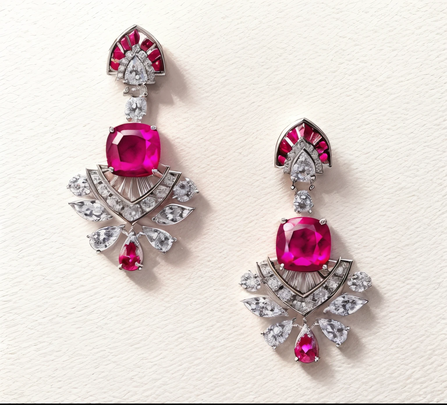 Sketch line drawings，Cushion Ruby Earrings，vivid red, pear cut diamond，watercolor paiting