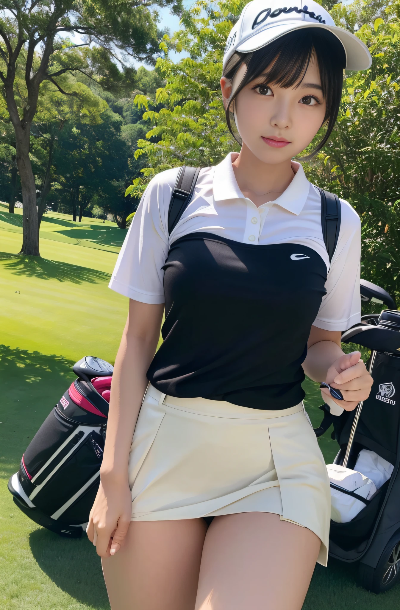 Japan Women's Professional Golfer Women、Short length tight skirt、golf cart、Golf Bag、(skirt lift by yourself)(((Crouch on the golf course green)))、20yr old，realisticlying，japanaese girl，Phenomenally cute、（de pele branca），，short-hair、(No bra)、Big breasts about to burst、shining legs、Glowing chest、chubby figure、Pinkwear、Inviting eyes、Saori