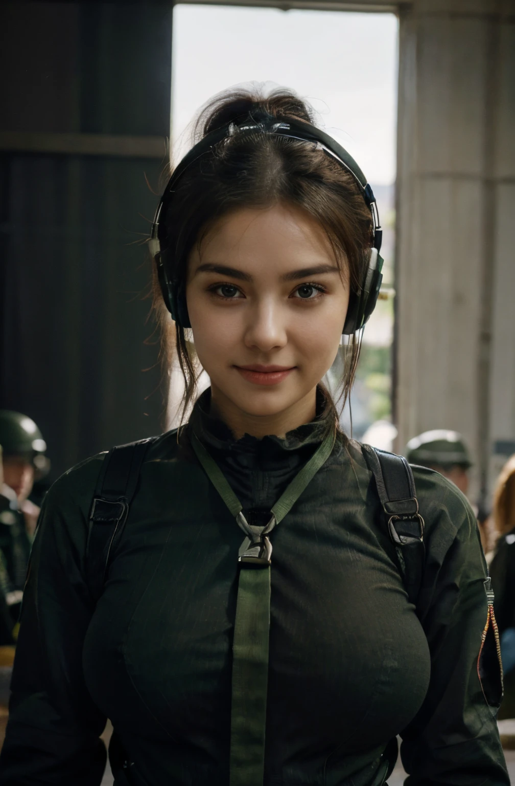 Young girl army shirt, (sweet smile), ultra high resolution, (top quality, masterpiece, intricate details), (detailed gloves, detailed fingers), (detailed face), (fashion photography portrait), professional lighting, ((shot whole body)), (wearing a black racing suit like an army uniform), (striped green mecha shirt), (wearing a military harness), ((hand holding an Ak-47:1.4 rifle)), (headphones and military helmet) , ((NSFW)), (sexy:1.2) facing forward, ((big breasts)), (looking towards the audience:1.2), 1 girl, ponytail hair, (curvy), narrow waist, (army shirt :1.3)