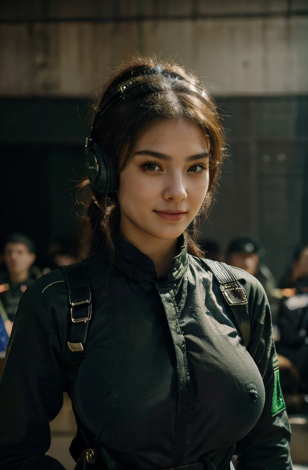 Young girl army shirt, (sweet smile), ultra high resolution, (top quality, masterpiece, intricate details), (detailed gloves, detailed fingers), (detailed face), (fashion photography portrait), professional lighting, ((shot whole body)), (wearing a black racing suit like an army uniform), (striped green mecha shirt), (wearing a military harness), ((hand holding an Ak-47:1.4 rifle)), (headphones and military helmet) , ((NSFW)), (sexy:1.2) facing forward, ((big breasts)), (looking towards the audience:1.2), 1 girl, ponytail hair, (curvy), narrow waist, (army shirt :1.3)