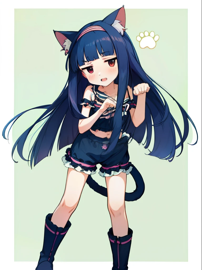 yukimi, ., long hair, blunt bangs, flat chest, expressionless, shy, cat lingerie, cuout, standing paw pose, cat head band, cat tail, (from avobe), best quality, cat arm, cat boots, open mouth,