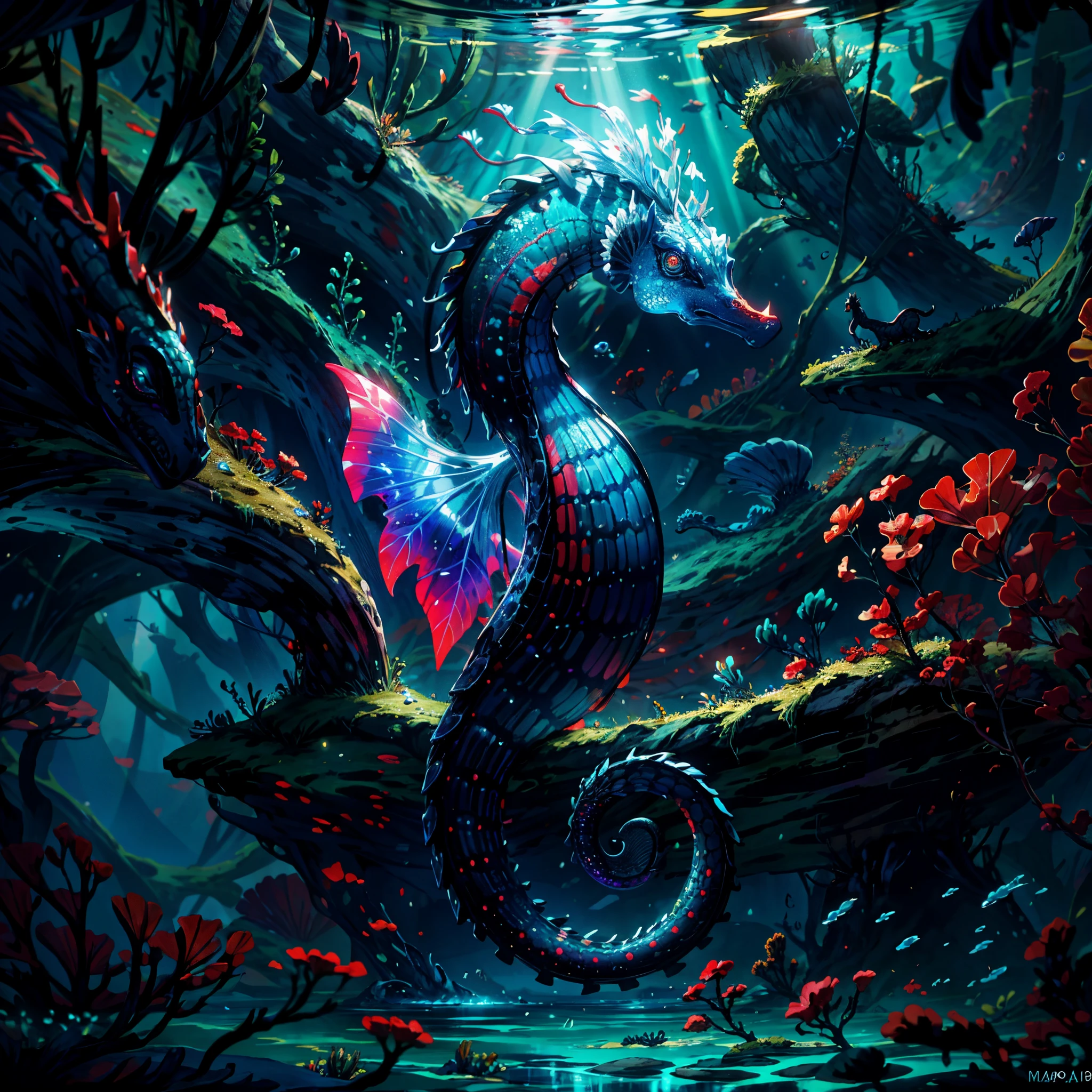 close shot of a mythical colorful seahorse, small, shiny multicolored skin, detailed tail, detailed scale, the seahorse is swimming under the sea, looking at viewer with the glowing eyes, blue and red and black skin, crystal, ,clear water,focus, alien underwater landscape background ,Detailed,Realistic,4k highly detailed digital art,octane render, bioluminescent, 8K resolution concept art, realism,by Mappa studios,masterpiece,best quality,official art,illustration,ligne claire,(cool_color),perfect composition,absurdres, fantasy,focused,rule of thirds,