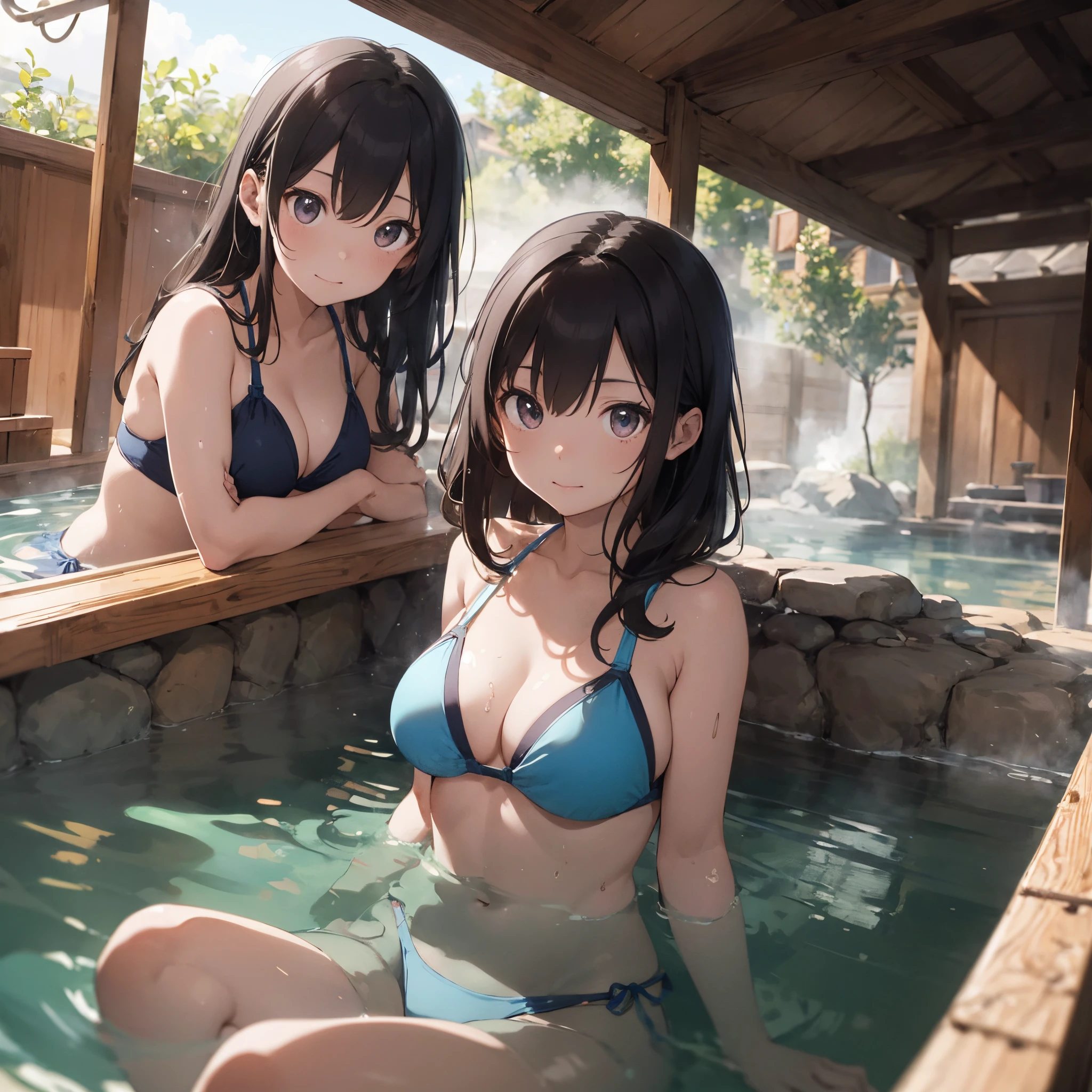 Realistic background blur that looks like it was taken with a high-performance camera.、Please provide high quality illustrations..。A beautiful girl soaking in a hot spring with a relaxed expression.、The steam rising from the bathtub is beautifully depicted...。Attention to detail in hair and skin、Enjoy the natural texture。To convey the atmosphere of a hot spring area、Please draw the surrounding scenery and hot spring facilities...。Highlight that beautiful girls are wearing bikinis、Please draw an illustration that takes advantage of her charm...。"