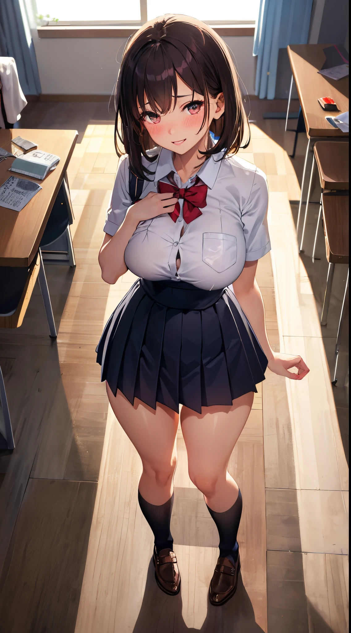 Anime style, Painting, absurderes、perfect anatomia、woman , bra very、Bra visible from clothes、Braline、breastsout, ‎Classroom、cleavage of the breast、鎖骨、desk、From above、medium breasts, on desk, pleatedskirt, School Desk, student clothes, see -through, The shirt, sitting on, Sitting on a desk, skirt by the, 独奏, thighs thighs thighs thighs, red blush, ssmile