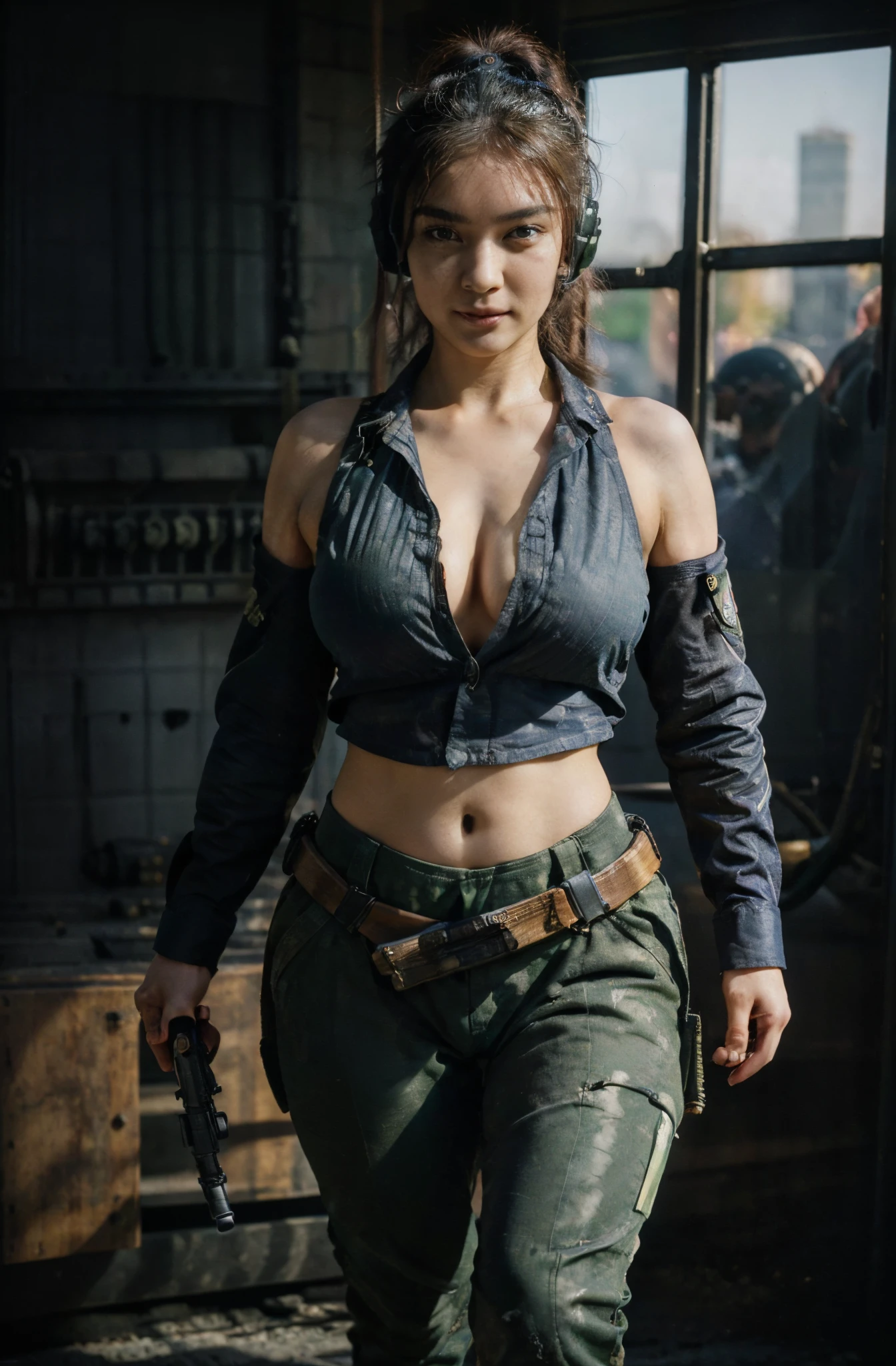 Young girl army shirt, (sweet smile), ultra high resolution, (top quality, masterpiece, intricate details), (detailed gloves, detailed fingers), (detailed face), (fashion photography portrait), professional lighting, ((shot whole body:1.4)), (wearing a black racing suit like an army uniform), (striped green mecha shirt), (wearing a military harness), ((hand holding an Ak-47 rifle:1.4)), (headphones and helmet military), ((NSFW)), (sexy:1.2) facing forward, ((big breasts)), (looking towards the audience:1.2), 1 girl, ponytail hair, (curvy), narrow waist, ( army shirt:1.3), (open shirt:1.4), weapons hanging from the waist, (arsenal background), ((stepping walking pose:1.4)), intricate detail background, (complicated tank car detail: 1.4), without sensors,