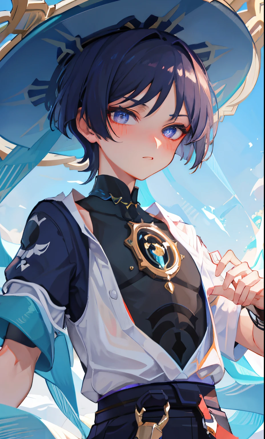 (Masterpiece), (Best Quality), (Ultra Detailed), (Wanderer), Upper Body Nudity, Night, Sexy Look, Handsome, Eager to Watch, Blushing, Tsundere Features