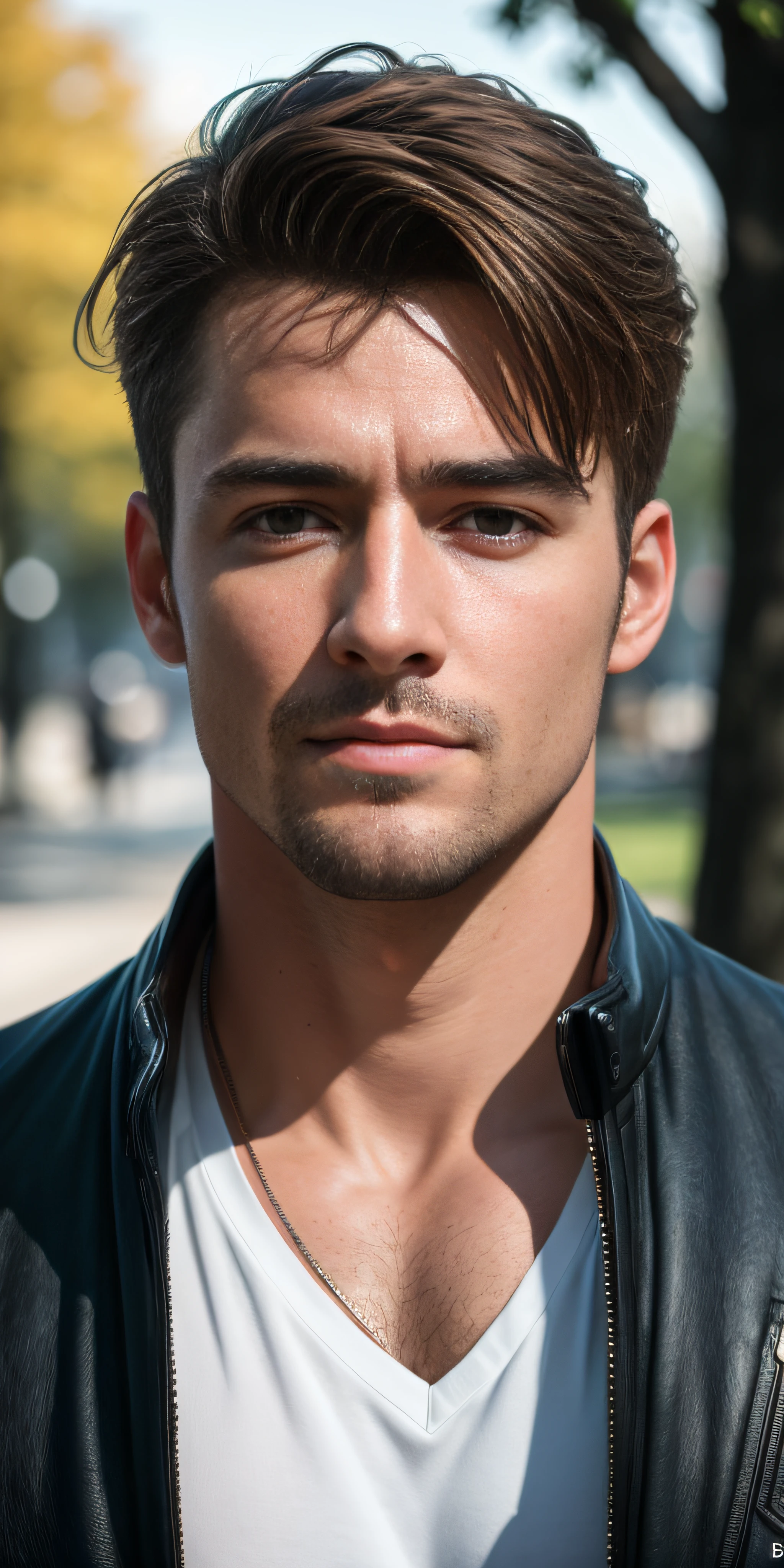Handsome European guy, in park, photo-realistic, photo, tmasterpiece, realisti, 真实感, photo realism, High contrast, photorealistic digital art. Тренды Artstation 8k HD. Realistic detail in high resolution., Detailed, skin texture, hyper-detalied, realistic skin texture, beste-Qualit, extra high resolution, (photo-realistic: 1.4),, hight resolution, Detailed, RAW photo, abrupt repetition, Nikon D850 Camera Roll. 4 Kodak Portra 400 F1 lens..6 Rich colors, hyper realistic texture, dramatic lighting, UnrealEngine trend in Artstation Cinestill 800,