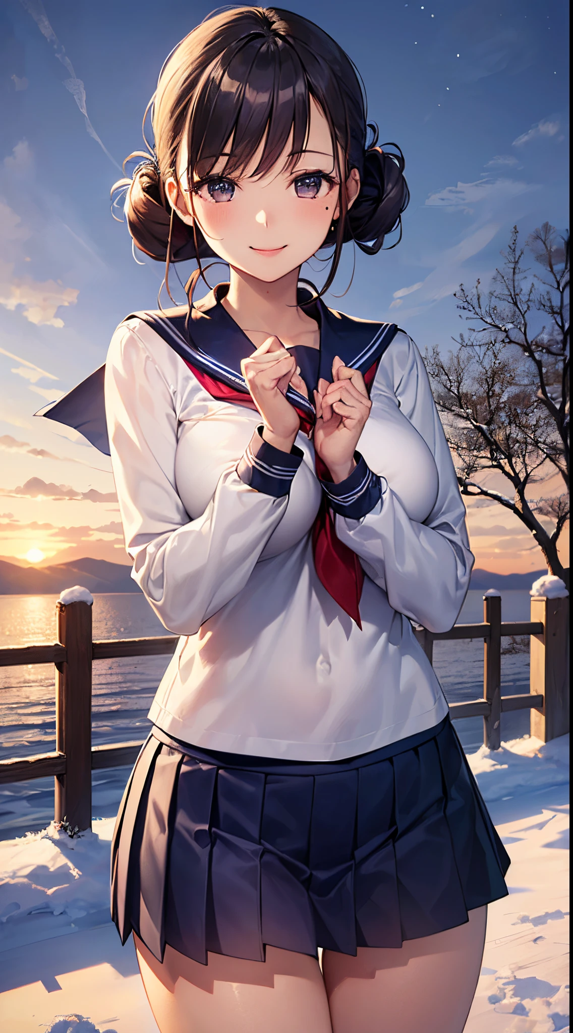 ((((, , perfect ???????, super detailed skin)))), 1 girl, japanese, 14 years old, shiny skin, ?????????????:0.5, watching the view, (smile:1.5), 
beautiful hair, beautiful face, beautiful detailed eyes, (middle hair:1.7, harf updo:1.5), 
beautiful clavicle, beautiful body, beautiful ?????, beautiful thigh, beautiful legs, beautiful detailed fingers, five fingers, babyface, , ??????, mole under eye, 
((navy school uniform, long sleeves, navy pleated skirt, sailor collar, court, muffler, extremely ????, seductive thighs)), white panties, ?????, ??????, ?????????
(beautiful scenery), winter, evening, hokkaido, sapporo, outdoors, snow, walking, hands between legs, 
(8k, top-quality, masterpiece​:1.2, extremely detailed, , ), (photorealistic), beautiful illustration, cinematic lighting,