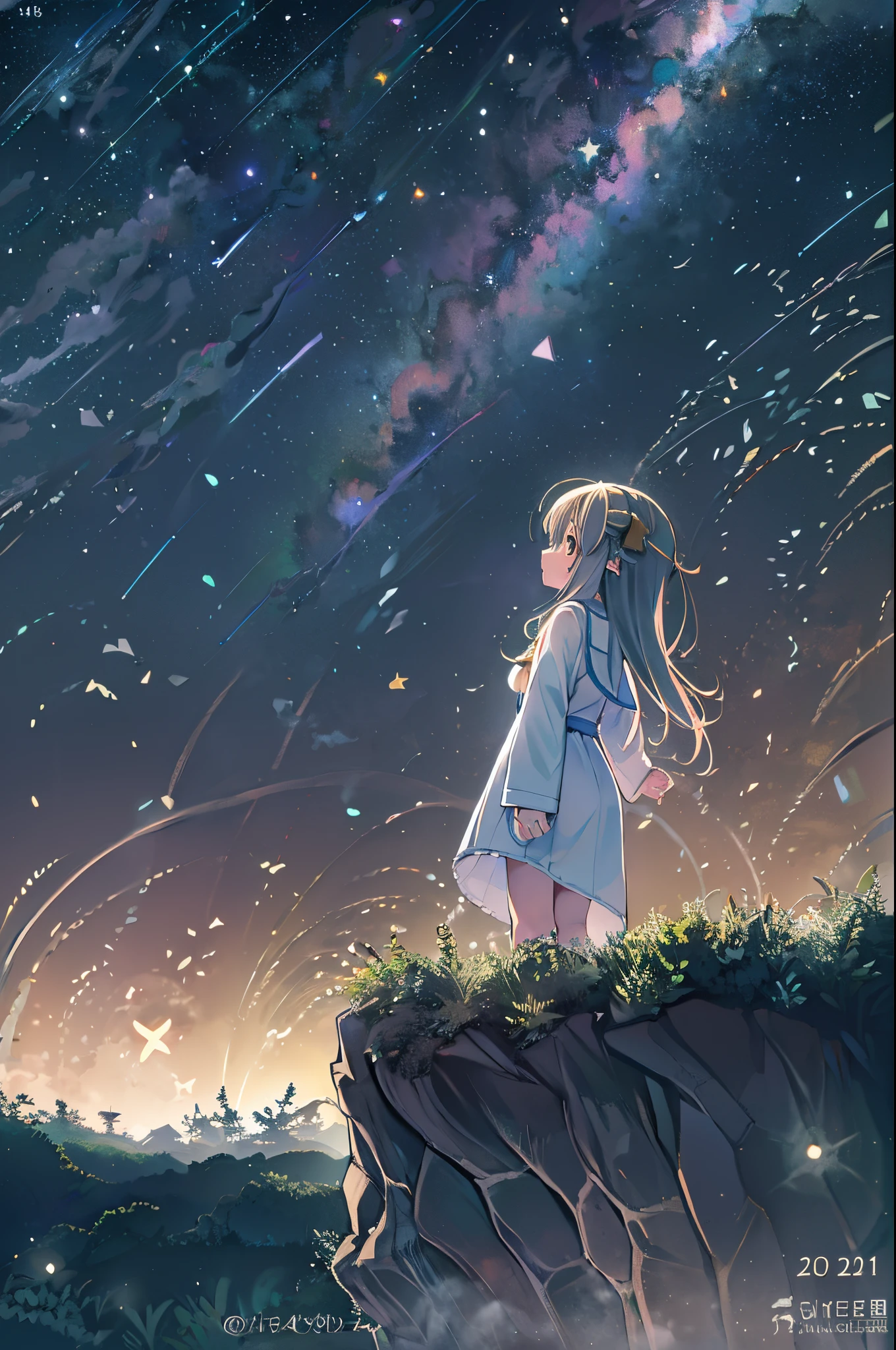 Anime girl wearing white glass , Stand on the land,Night view ,Lots of stars in the night sky,milkyway ,Anime style, 32K UHD, Beautiful, Color Cartoon - AR 3:4 --