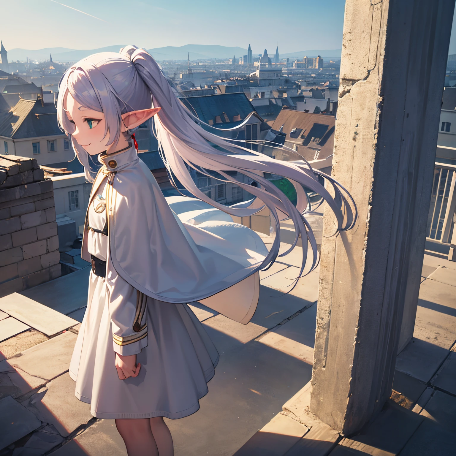 ((Frieren)), ((Masterpiece)), (highly saturated), (High Definition:1.3), (from side), (Professional Photography:1.2), (cinematic lighting), (child),1girl, solo, (flat body), (smile), standing on the rooftop, beautiful, elf, pointy ears, white hair, (long twintails), green eyes, white dress, (white cape), ((old trunk case)), magic, magic circle, (ragged ruins), cityscape, winter sky,