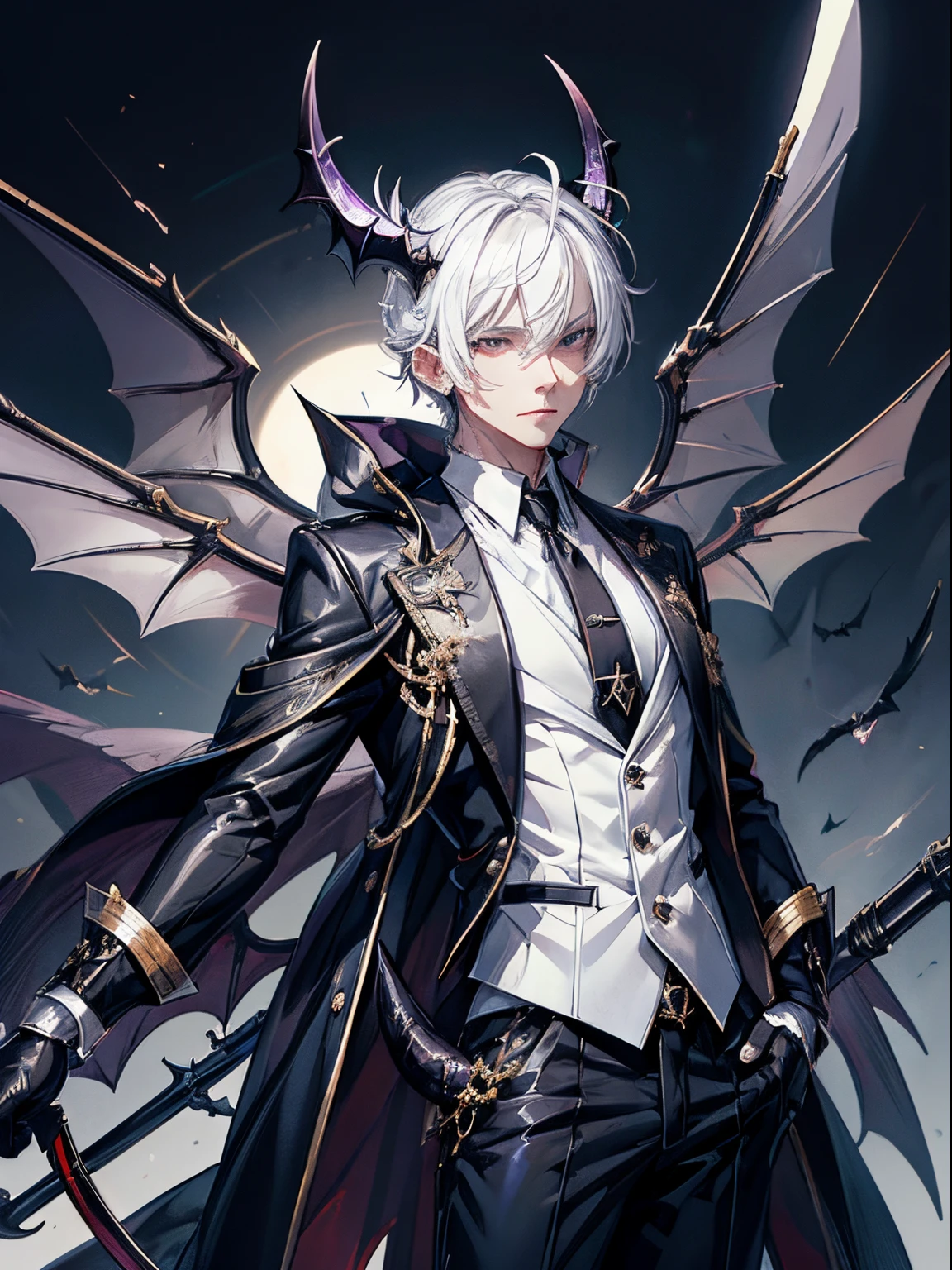 incubus、white  hair、suits、neck tie、Black horned、Black bat wings and tail、Glossy look、Poses to seduce、Dark fantasy background