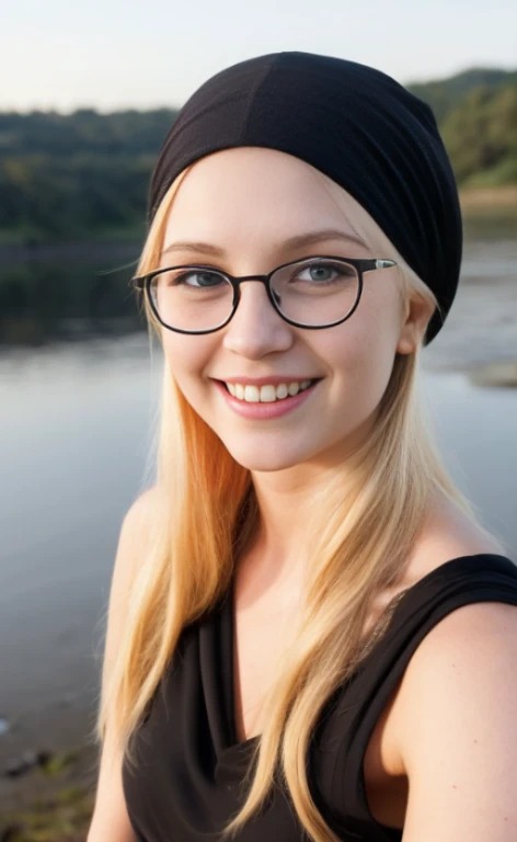 a 23 years old barefoot blonde woman wearing a black headscarf, glasses and a long dress, calm smile, blue eyes, freckles.