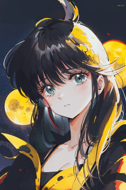 A yellow moon is behind a shadowy head.