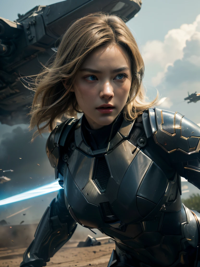 (top-quality、masterpiece、ultra-detailliert、hight resolution、realisitic、Photorealsitic、extremely delicate and beautiful、amazing fine details、The best illustrations、Dramatic Lighting、foco nítido)、Focus on the face、bustshot、beautiful young woman with、((Black Reinforced Armor Suit、armored gloves))、looking at the viewers、battle posture、a science fiction film、Dark blue eyes、Bob Blonde、serious faces、Sharp eyes、Realistic face resolution、realisitic、The background is the battlefield、Spacecraft in the sky、Bullets fly around、Dynamic action