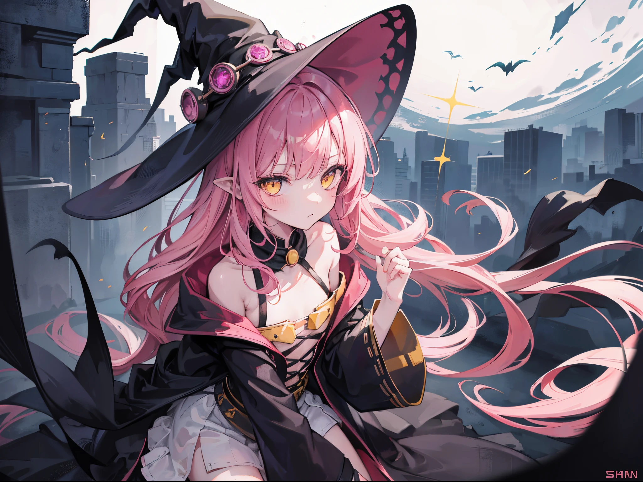 1girl, wearing witch hat, long pink hair, yellow eyes, slim body, loli short height, small chest size, wearing messy witch robe, resting, dark dungeon, absurdres, high res, ultrasharp, 8K, masterpiece, looking at viewer