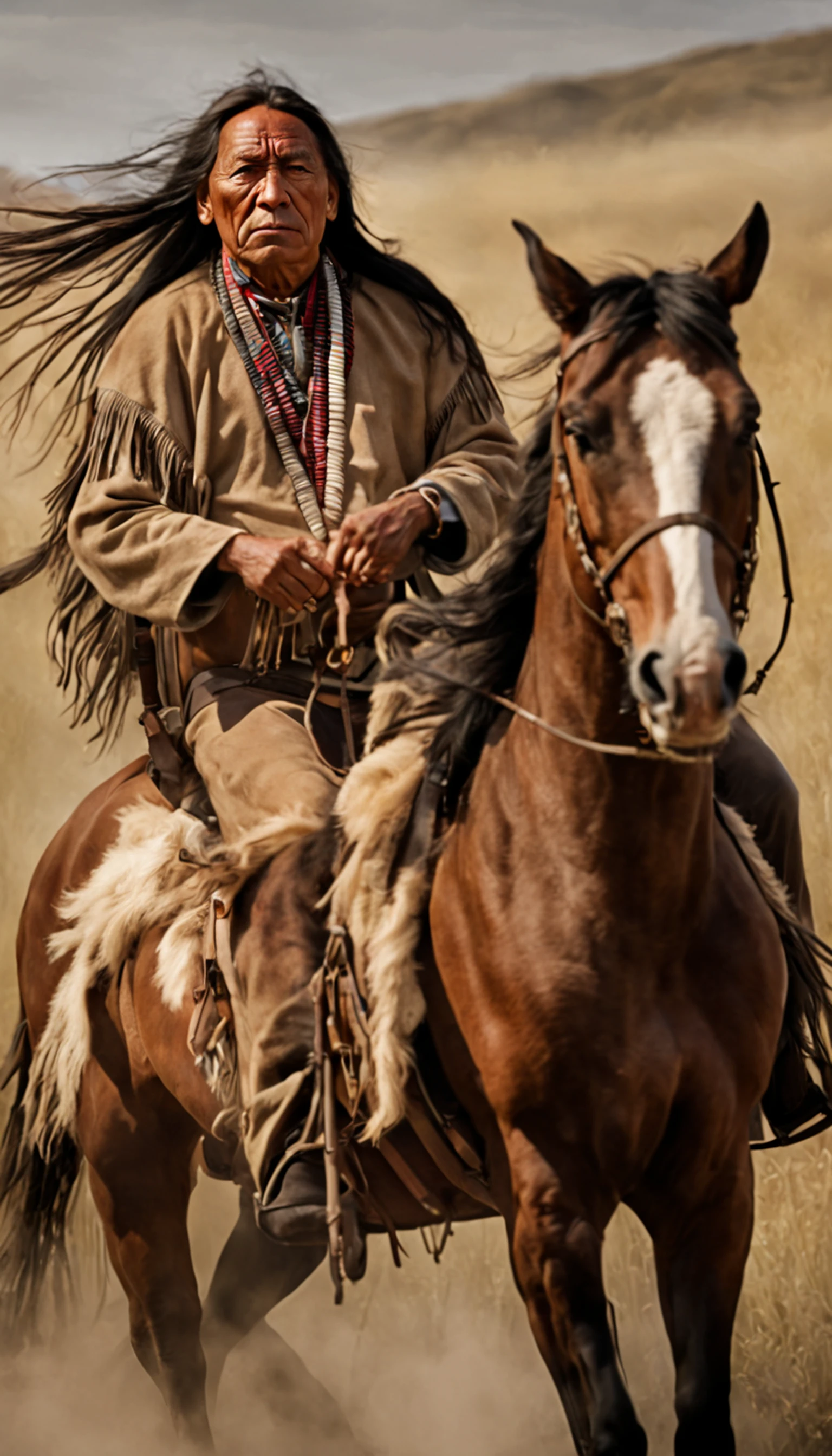 masterpiece, best quality, American Lakota Sioux tribe on horseback, exciting spirit face, realistic, lifelike, cinematic, scratches, full body, clear facial expressions
