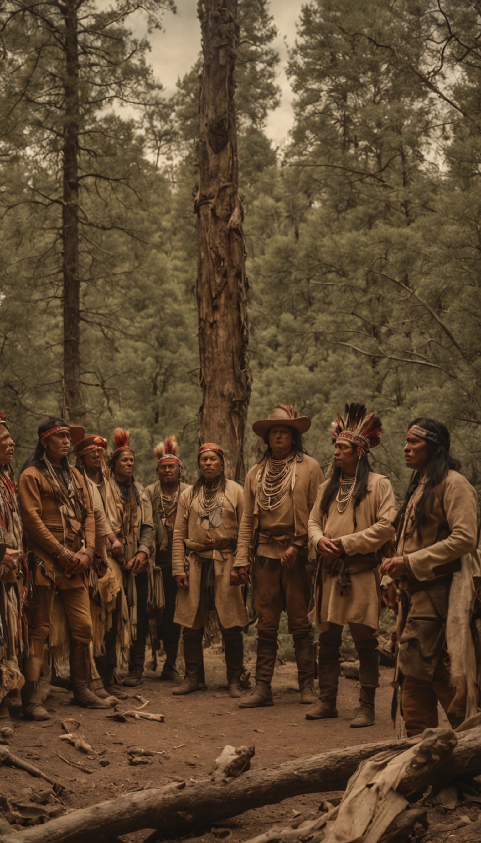 a group of Navajos gather in the woods, official, main scene of the film, by Joseph Severn, symmetrical artwork. cinematic, Ancient America, film characters, official art, character reveal, film promo, ( (theatrical) ), seven, character portraits, alexander hamilton style, live action film, 8 k