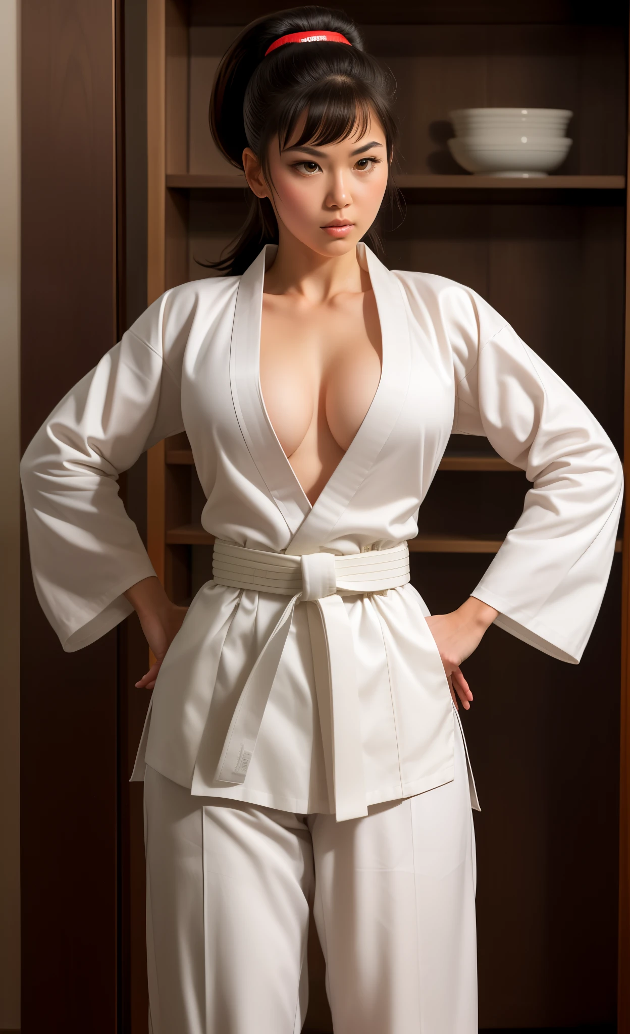 arafed woman in white kimono standing with arms crossed, karate outfit, white belt, wearing a white gi, karate, belts & velcro galore, karate pose, huge belt, white uniform, martial arts, karate kick, with white kanji insignias, big belt, kim jung gi style, inspired by Gatōken Shunshi, silk belt, gi