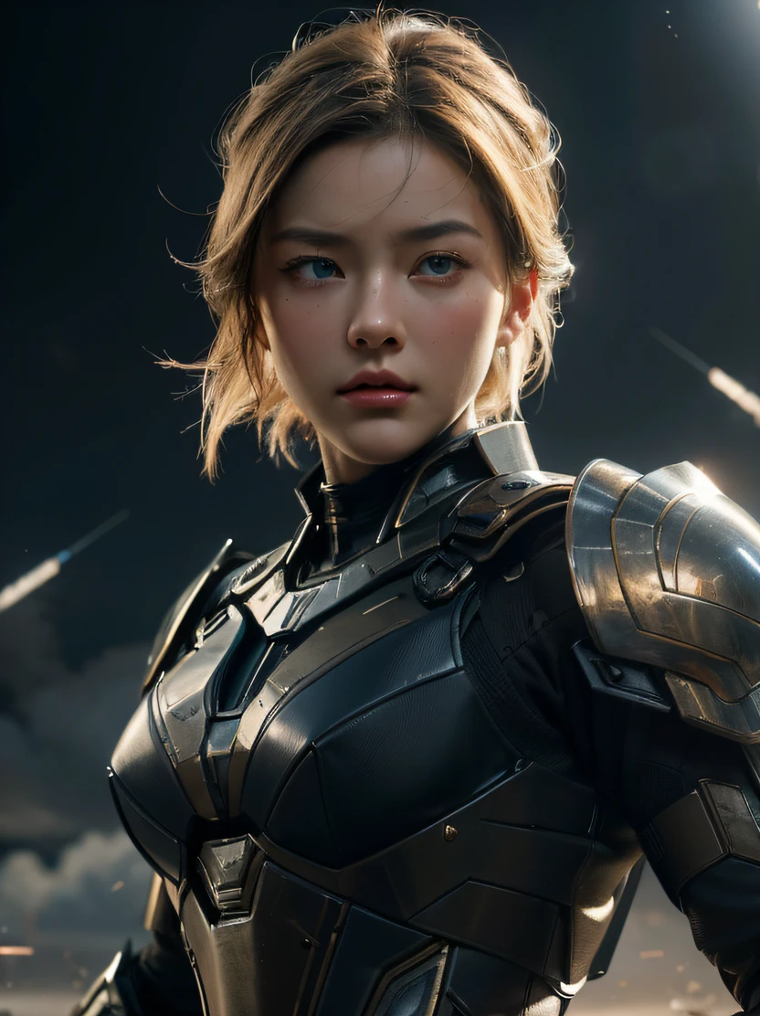 (top-quality、masterpiece、ultra-detailliert、hight resolution、realisitic、Photorealsitic、extremely delicate and beautiful、amazing fine details、The best illustrations、Dramatic Lighting、foco nítido)、Focus on the face、bustshot、beautiful young woman with、((Black Reinforced Armor Suit、armored gloves))、looking at the viewers、battle posture、a science fiction film、Dark blue eyes、Bob Blonde、serious faces、Sharp eyes、Realistic face resolution、realisitic、The background is the battlefield、Spacecraft in the sky、Bullets fly around、Dynamic action